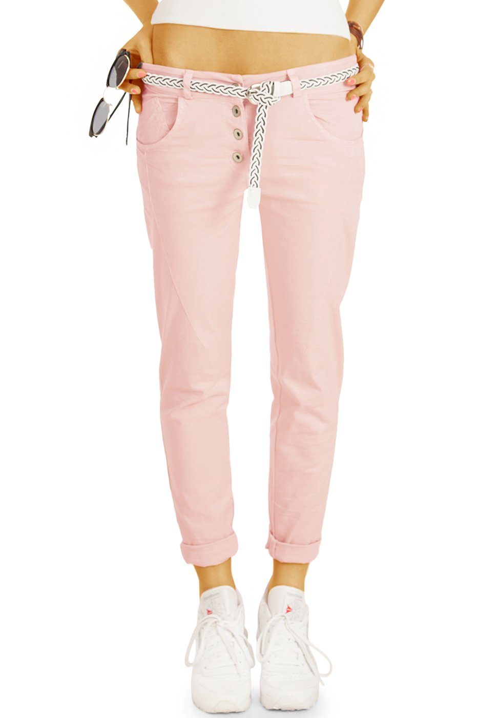 be styled Damen hüftige - Chinohosen Chinohose h18a legere Gürtel rosa Stoffhosen in mit - - Unifarben