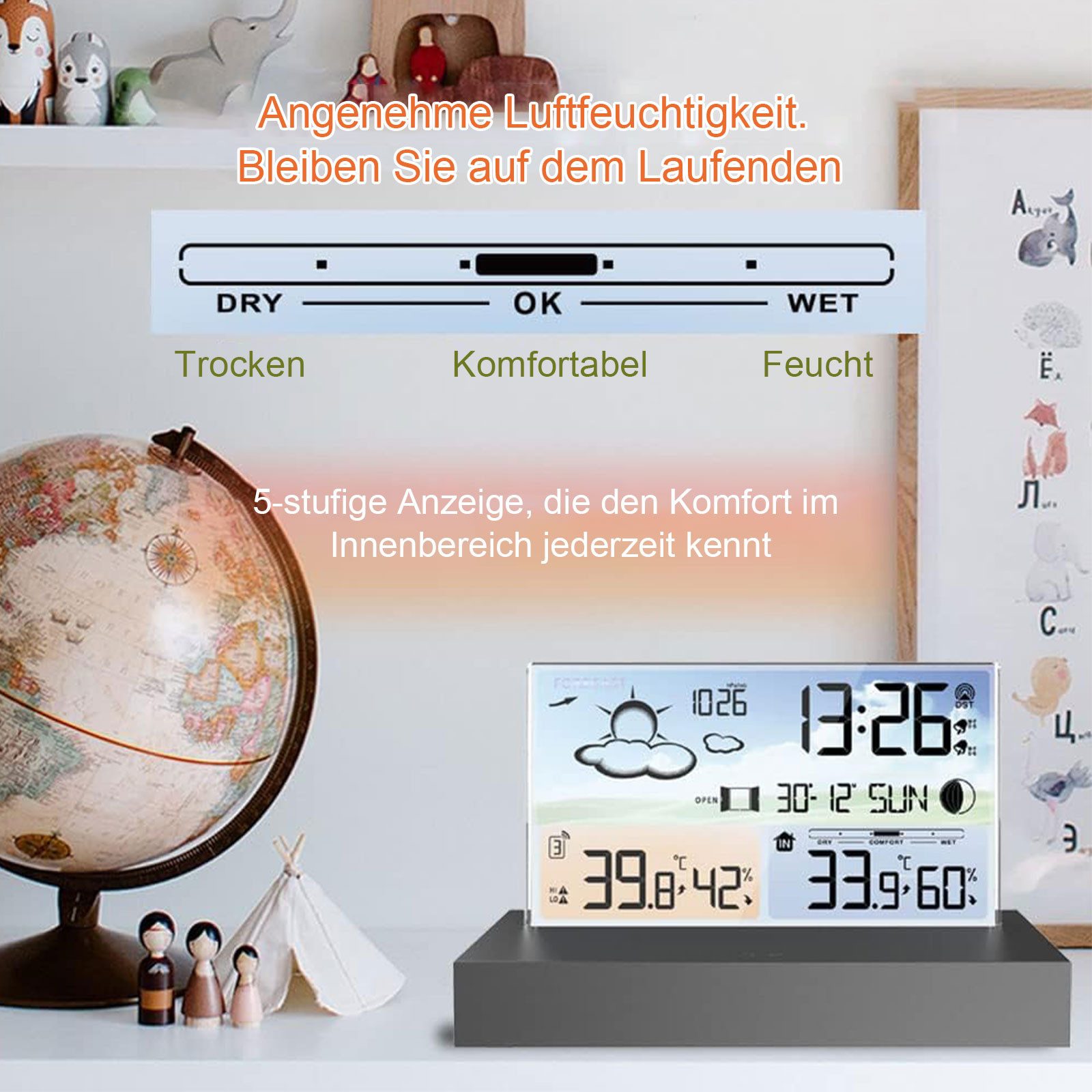 OKWISH Digital Wetteruhr Thermometer Raumthermometer Temperaturanzeige Funk Wetterstation (Mit Sensor und USB-Kabel, Außensensor Dual Alarm Temperatur Wettervorhersage Wetter Innen Außen)