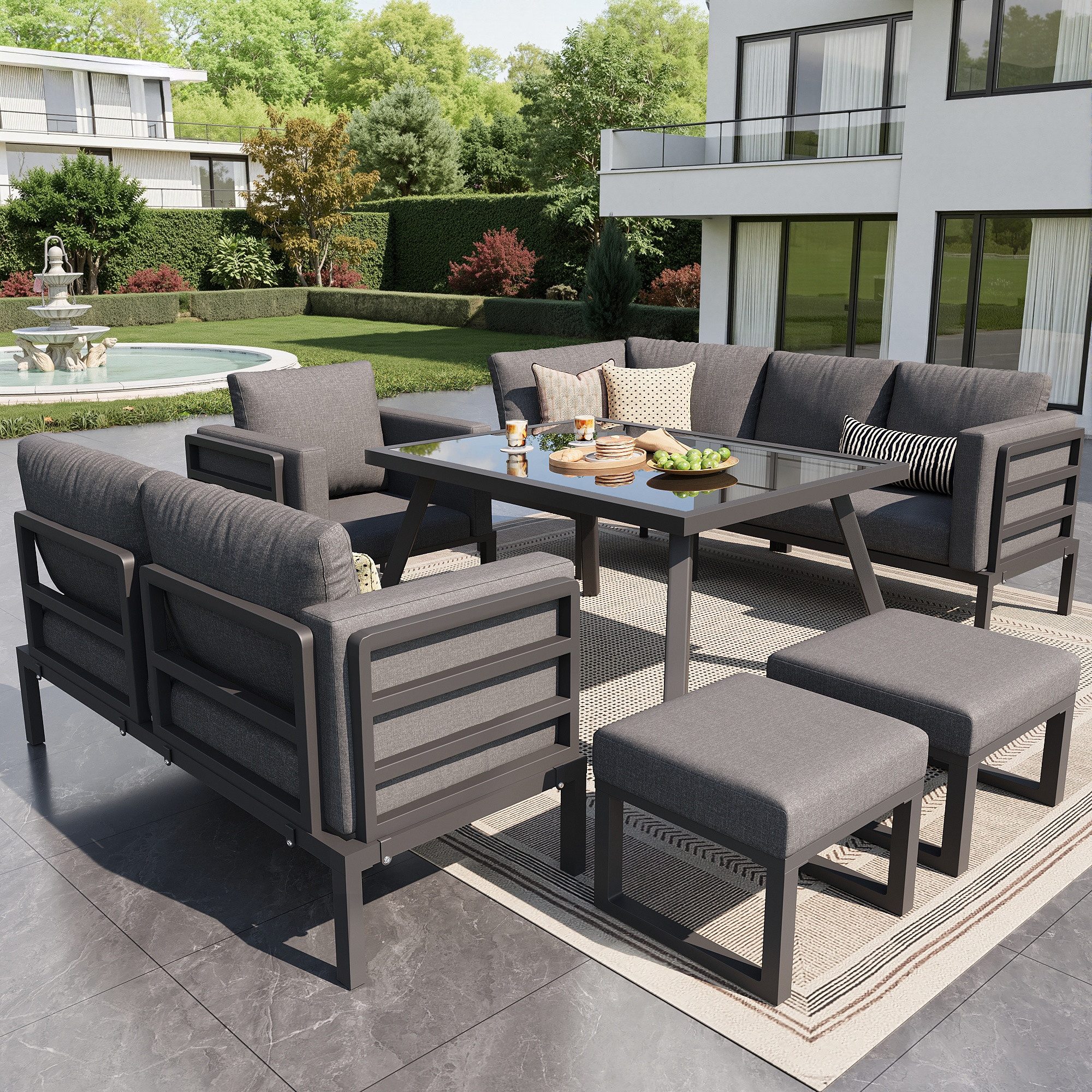 MC Star Gartensofa Halbmond-förmiges Gartensofa-Set für 8 Personen Robustes Eisengestell, mit grauen Polstern / Komplett mit Glastisch, 1 Sessel & 2 Hockern / Wetterfeste Terrassenmöbel für Balkon
