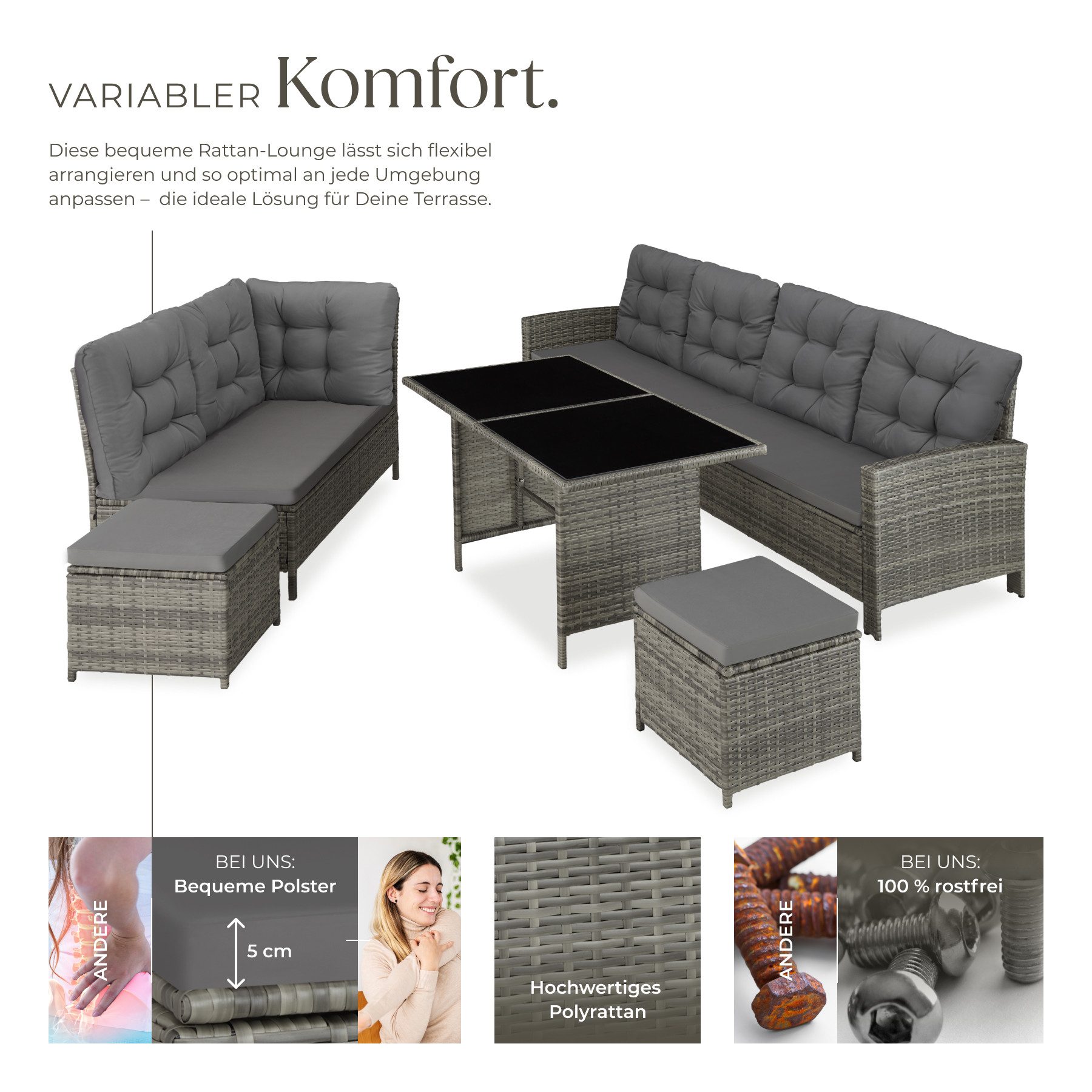tectake Loungeset Rattan Lounge für 6 bis 8 Personen, mit Sicherheitsglasplatten, (Loungemöbel Barletta, 6-tlg., in grau-meliert/grau), widerstandsfähig, UV-beständig, dicke Rückenkissen