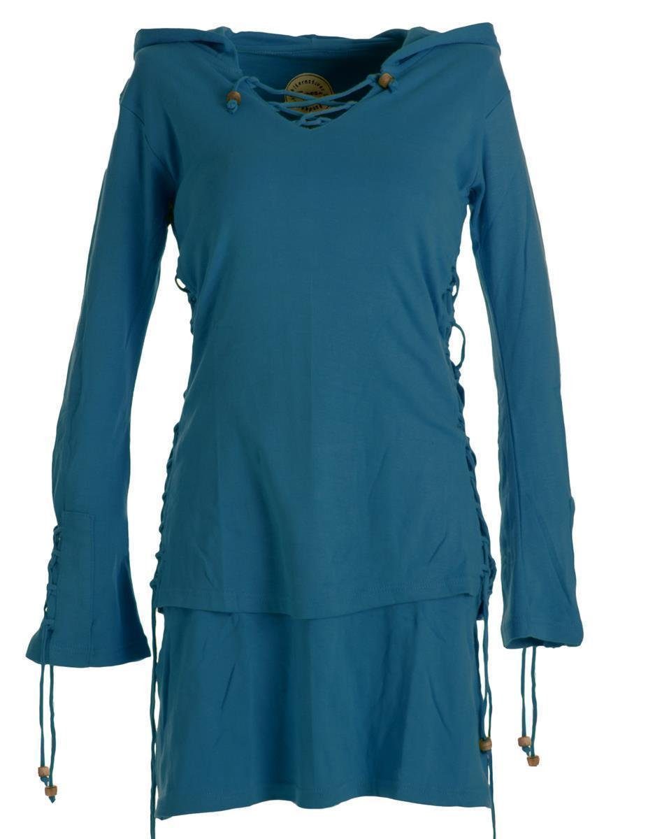 Vishes Zipfelkleid Warmes Doppellagiges Kleid mit Zipfelkapuze und Bändern zum Schnüren Boho, Elfen, Ethno, Goa Style türkis