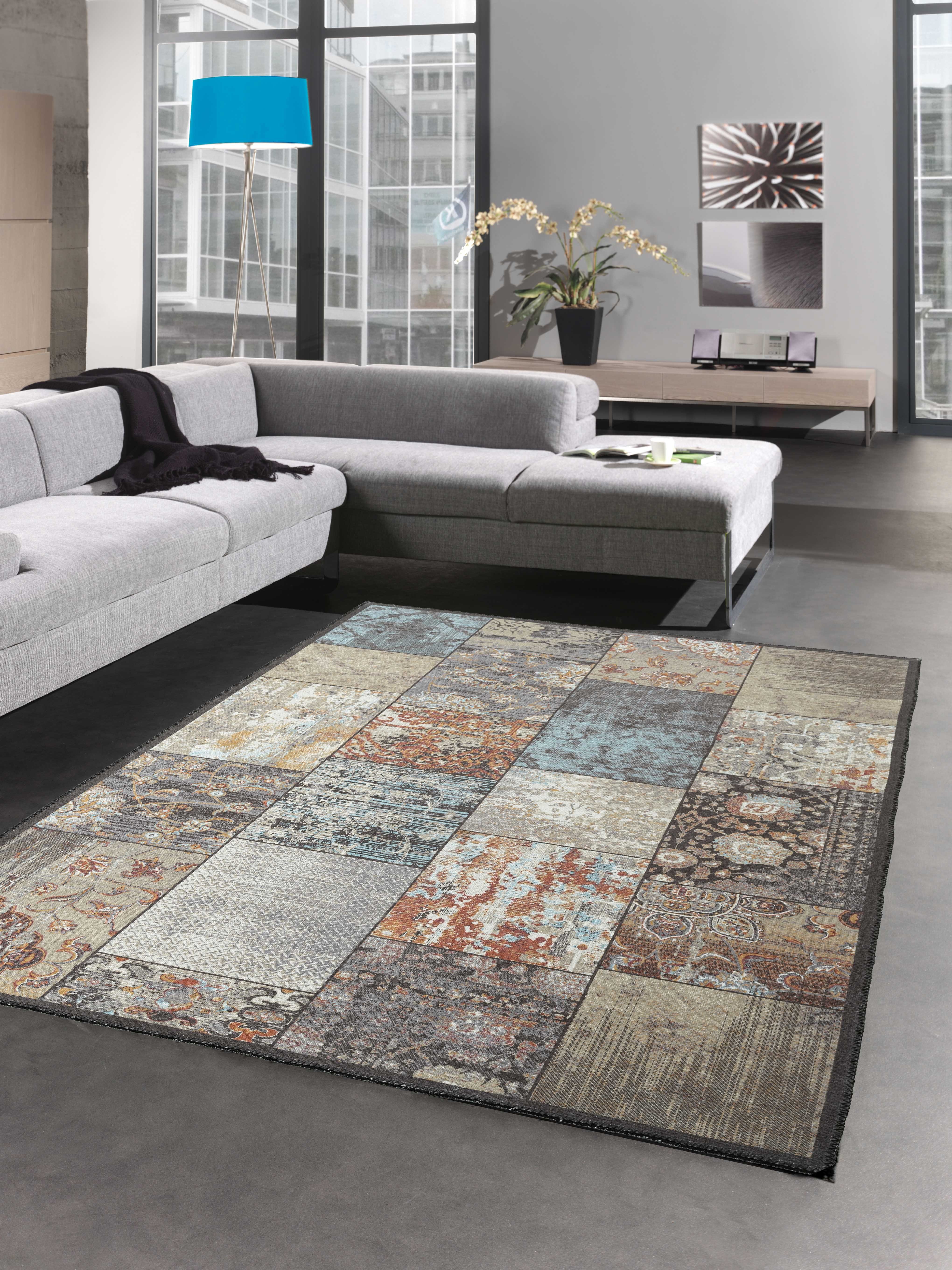 Teppich Eleganter Teppich mit Quadraten modern orientalisch gemustert bunt  braun grau orange, Carpetia, rechteckig, Höhe: 7 mm