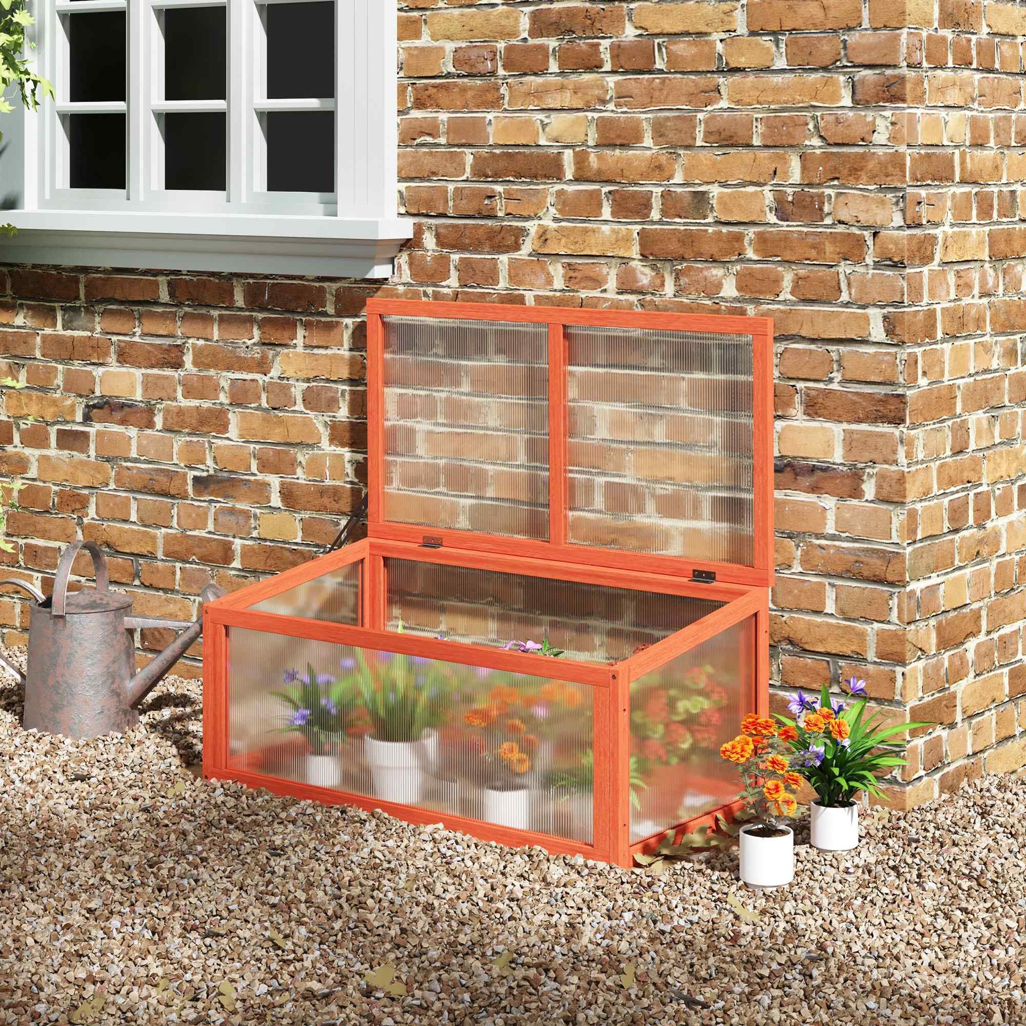 Outsunny Hochbeet Gewächshaus mit Abdeckung wetterfest Frühbeetkasten für Garten (Treibhaus, 1 St., Frühbeet), aus Holz,Polycarbonat, Orange, 90 x 46 x 40 cm
