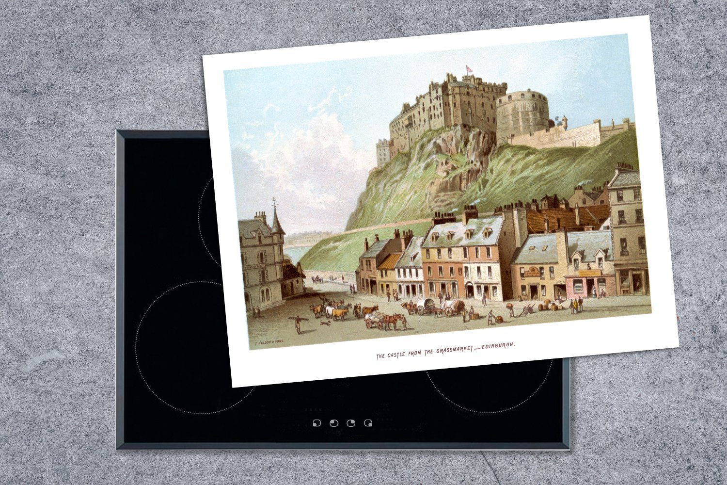 70x52 Ceranfeldabdeckung nutzbar, Mobile Arbeitsfläche Herdblende-/Abdeckplatte (1 Malerei - MuchoWow cm, - Schottland Vinyl, tlg), Schloss,