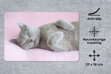 MuchoWow Mauspad Graue Katze schläft auf rosa Teppich (1-St), Gaming, Mousepad, Büro, 27x18 cm, Mausunterlage