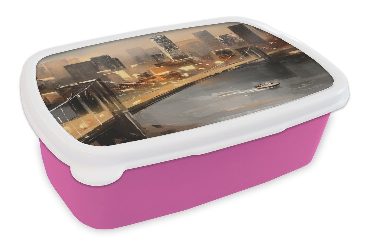 MuchoWow Lunchbox Gemälde - Öl - Skyline - Stadt - Wasser, Kunststoff, (2-tlg), Brotbox für Erwachsene, Brotdose Kinder, Snackbox, Mädchen, Kunststoff rosa