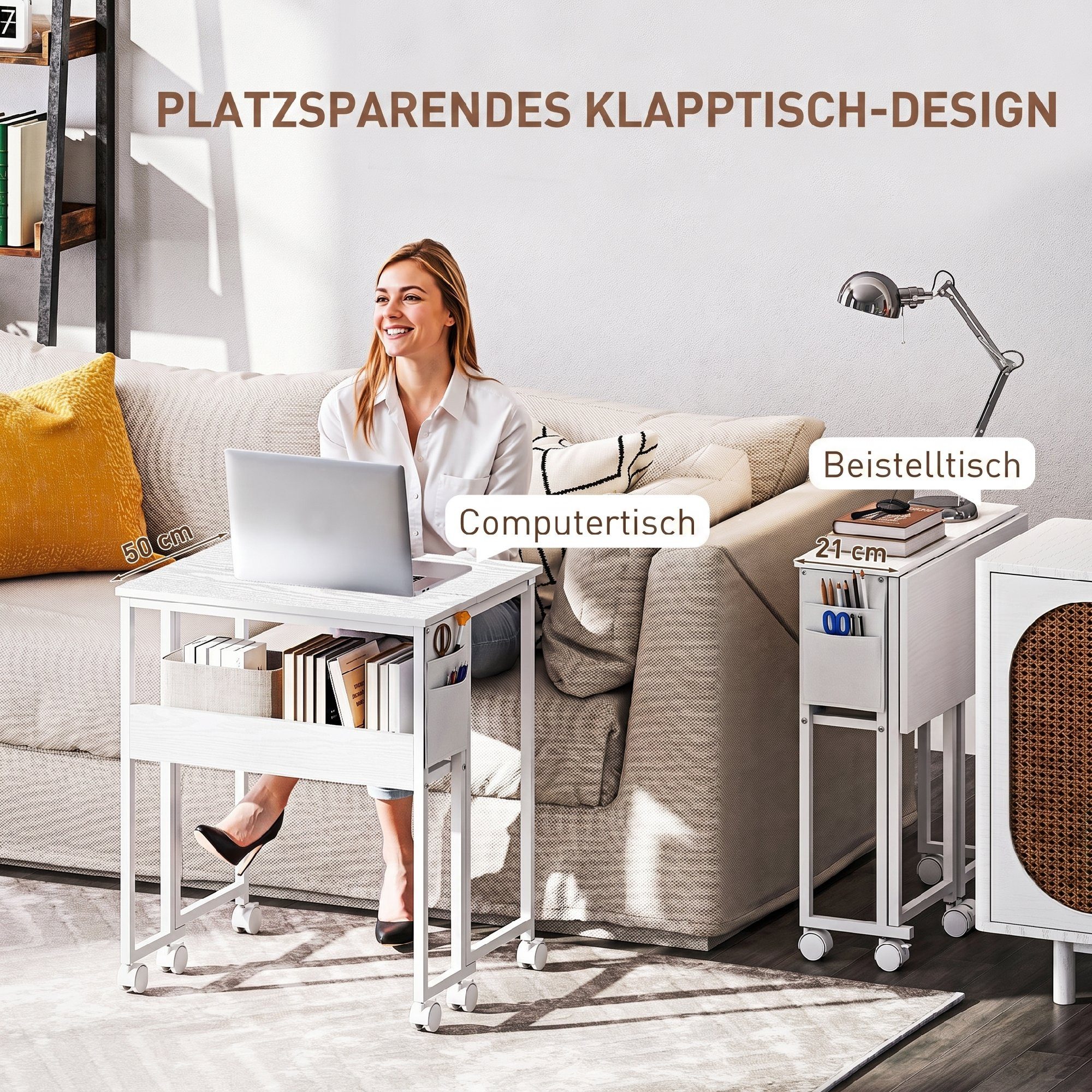 HOMCOM Schreibtisch klappbarer (Klappschreibtisch, 1-St., Platzsparend Computertisch), mit Regal, Aufbewahrungstasche, für Home Office, Weiß – Bild 4 von 5