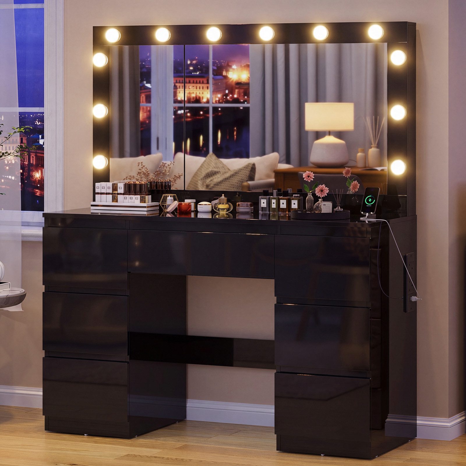 HOMALL Schminktisch Frisiertisch mit Hochglanzoberfläche, LED-Beleuchtung, mit Schmuckfach (Maße: 120 × 40 × 140 cm, mit 7 Schubladen, 2 Steckdosen, 1 USB-Anschluss und 1 Typ-C-Anschluss, dimmbarer LED-Beleuchtung, extra großem Spiegel; als Schminktisch mit Hocker-Set erhältlich)