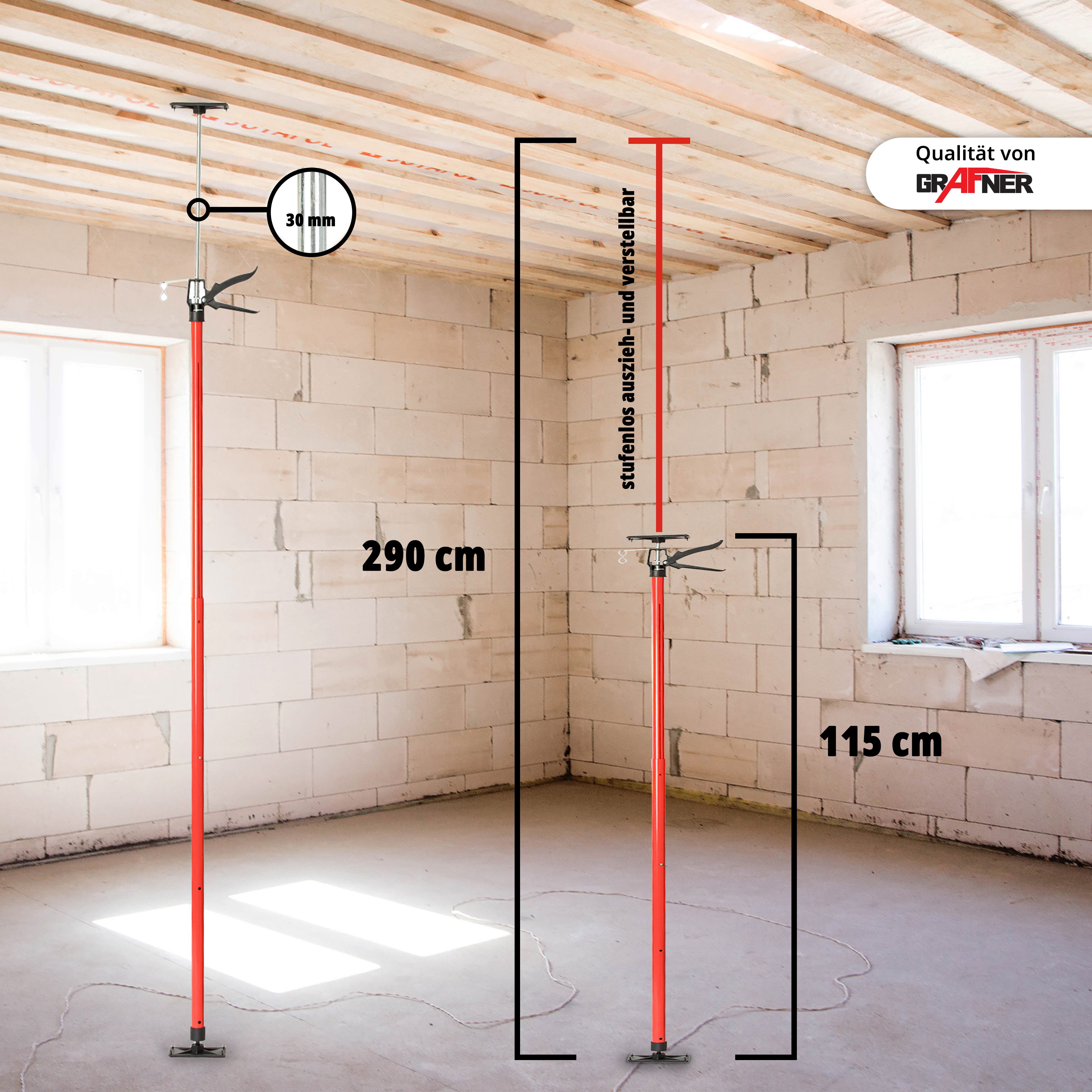 Grafner Montageklemme Grafner® Deckenstütze Teleskopstütze Plattenheber 115-290 cm, zum Abstützen von Trockenbau-Elementen, Wand- oder Deckenpaneelen