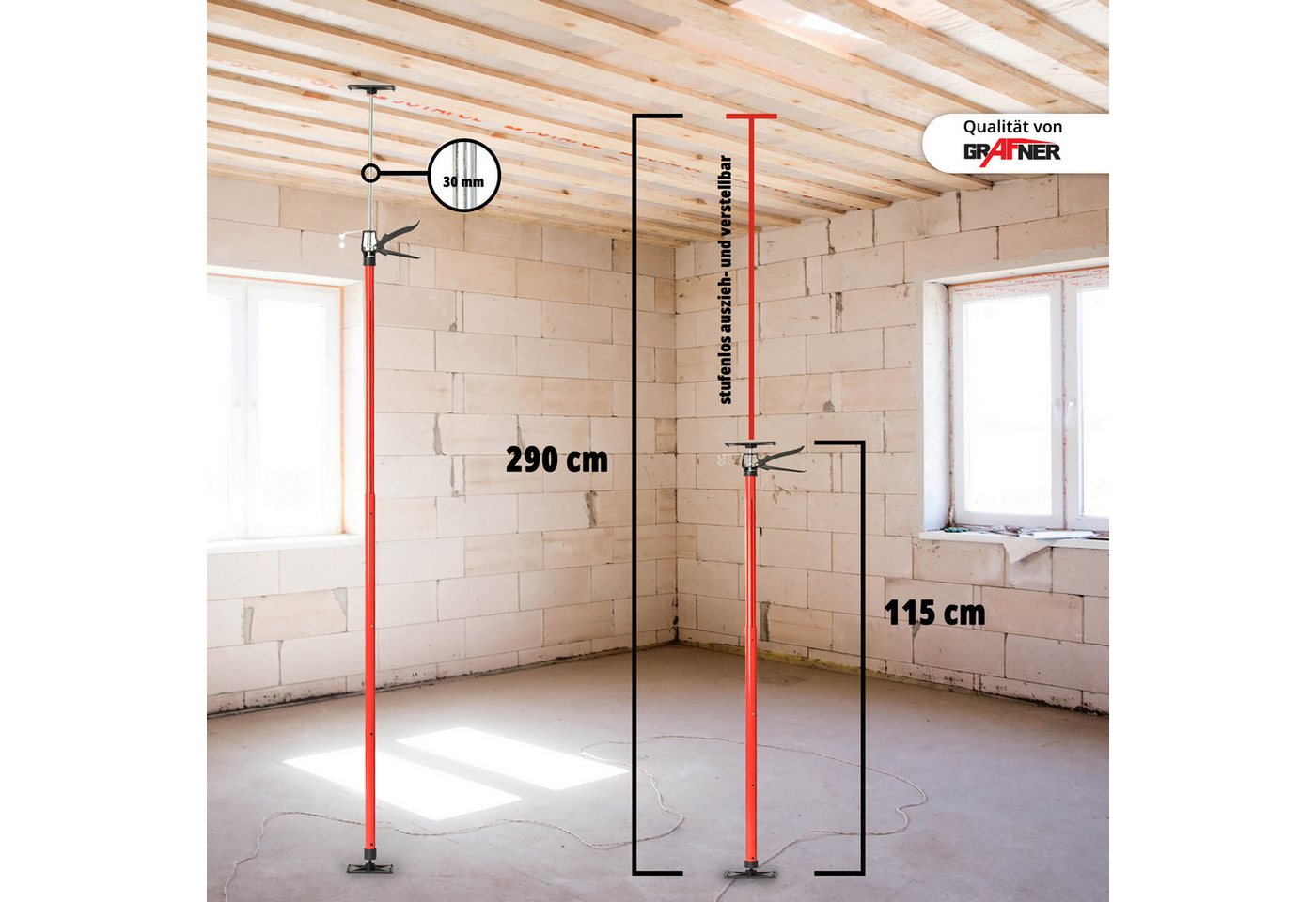 Thumbnail - Grafner Montageklemme Grafner® Deckenstütze Teleskopstütze Plattenheber 115-290 cm, zum Abstützen von Trockenbau-Element...