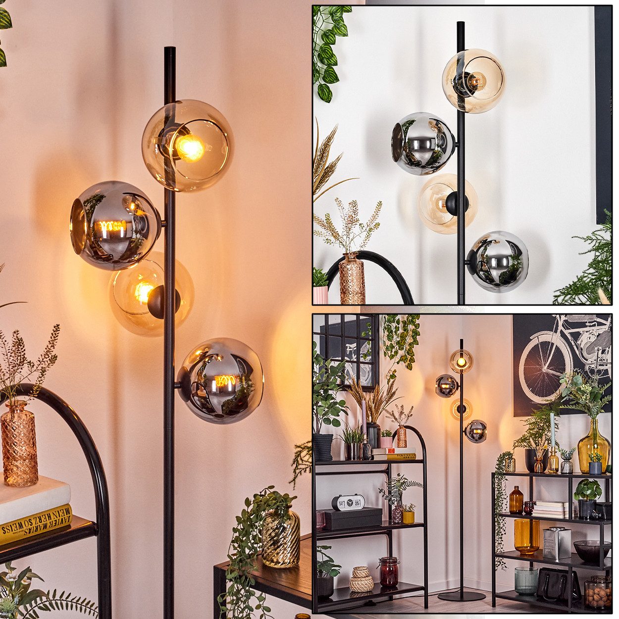 Stehlampe Stehlampe aus Metall/Glas, Schwarz/Bernstein/Chrom/Rauch, Fußschalter