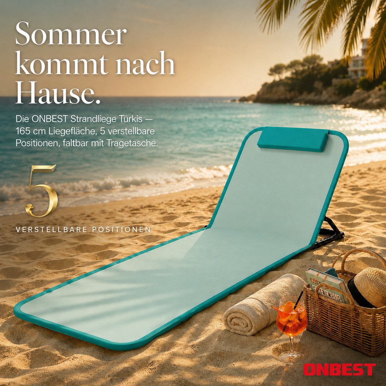 Onbest Campingliege Strandliege klappbar mit Nackenkissen Tragetasche, Stahlgestell, verstellbare Rückenlehne