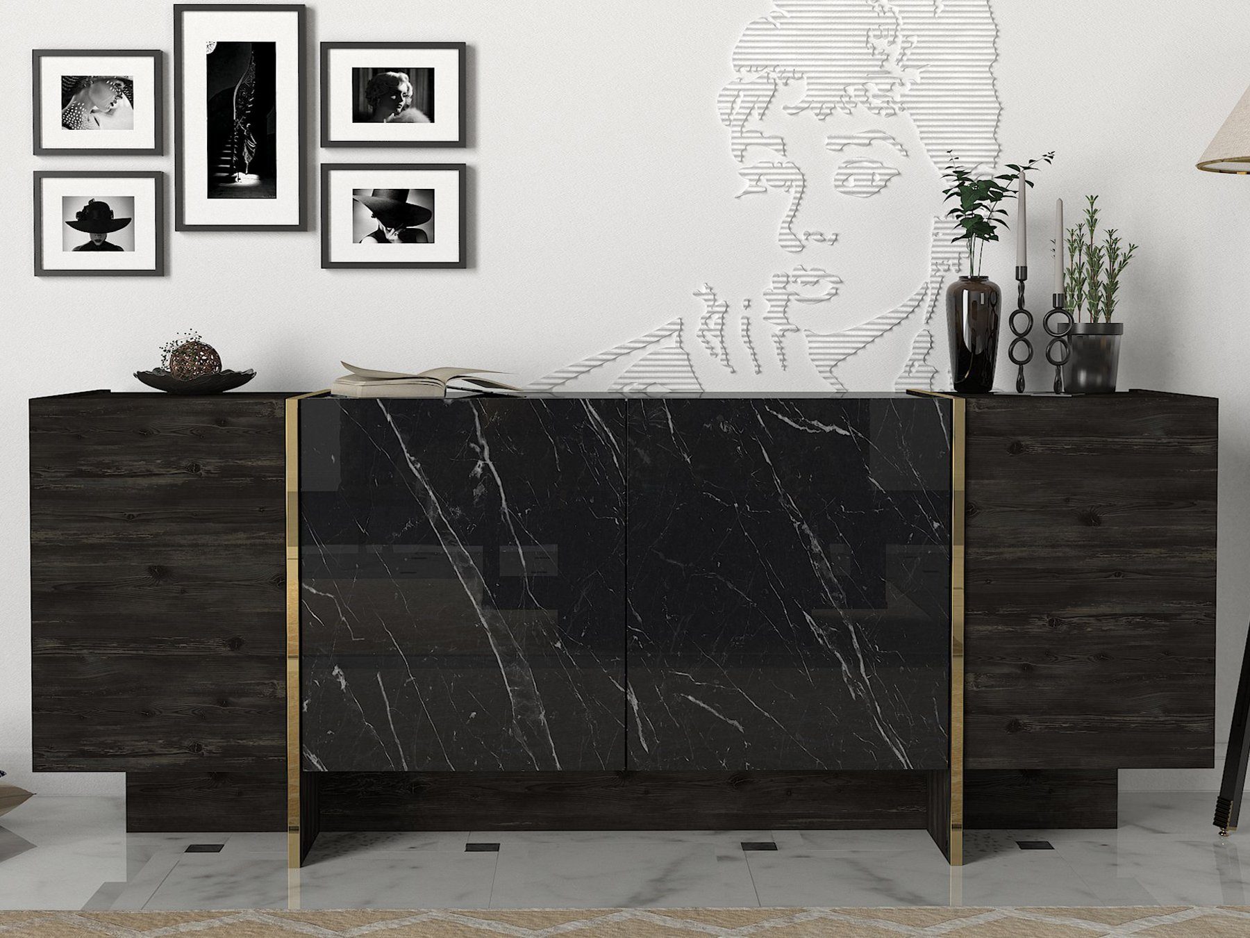 Kommode Sideboard Veyron Rebab Braun Dunkelgrau (Marmor O