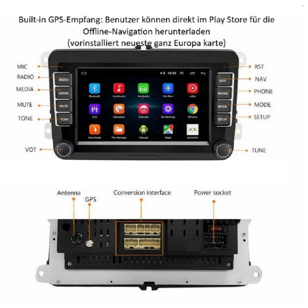 GABITECH 7 Zoll Android Carplay, Lenkradsteuerung, VW Touchscreen, Passat GPS-Navigation, Bluetooth) für Golf RDS, B6, 5/6 Carplay Autoradio (FM-Radio, Tiguan Autoradio