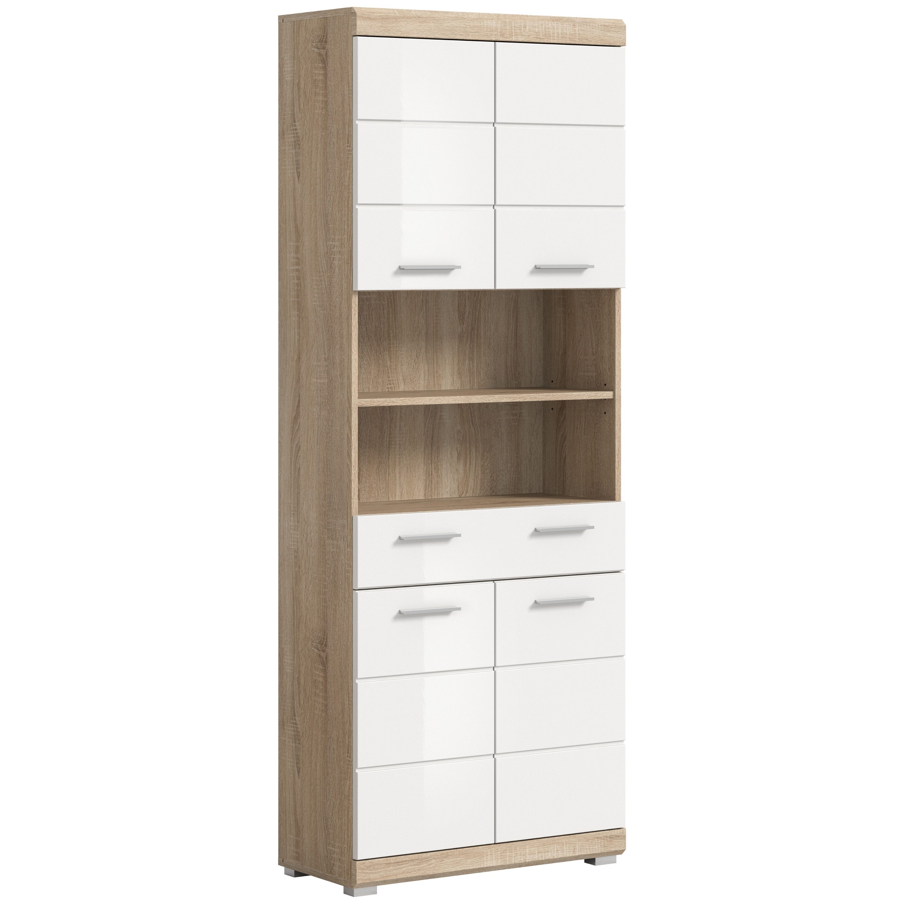 furnling Hochschrank Scott 4 Türen, 1 Schublade, 2 offene Fächer, Badmöbel, Badschrank