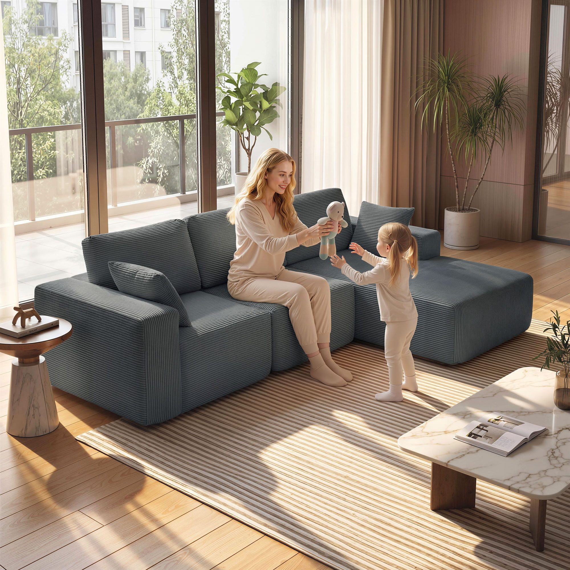 HOMCOM Ecksofa Breite Sitzfläche, 3-Sitzer Schlafsofa 2 in 1 3 Teile, mit Kissen, Cord-Optik für Wohnzimmer, Dunkelgrau