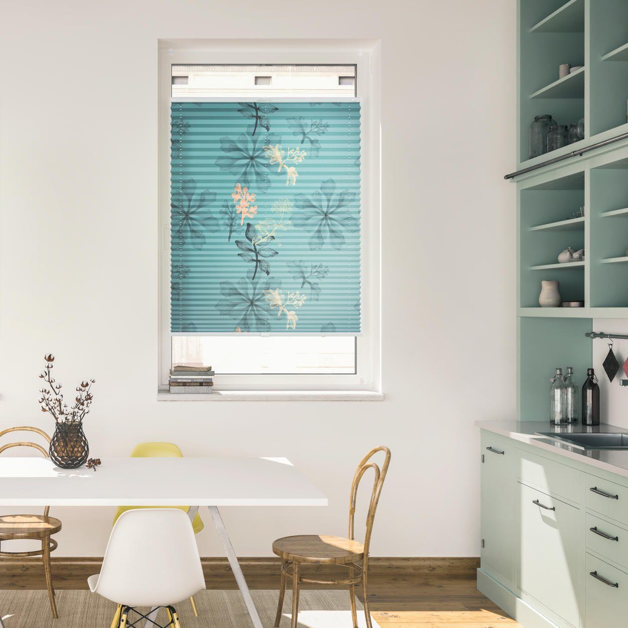 Plissee »Plissee Klemmfix, ohne Bohren, blickdicht, Aqua Floral Blau