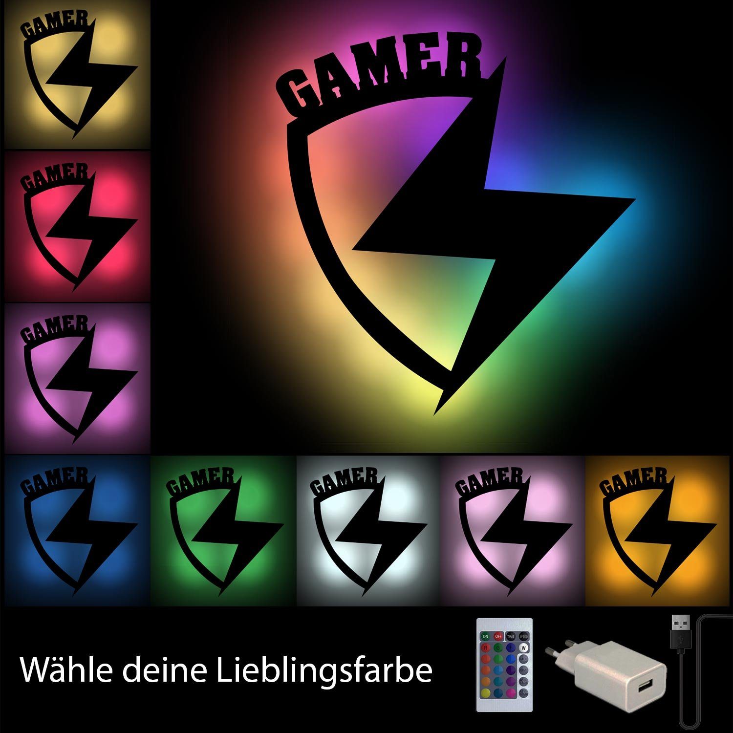 Netzteil, LED Fernbedienung und fest Namofactur Schild Gamer Blitz USB Dekolicht LED mit Farbwechsler integriert, Schwarz LED RGB