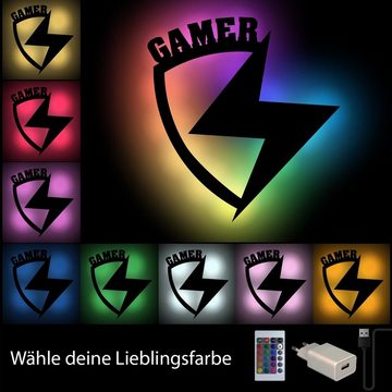 Namofactur LED Dekolicht Gamer RGB USB LED Schild Blitz mit Fernbedienung und Netzteil, LED fest integriert, Farbwechsler