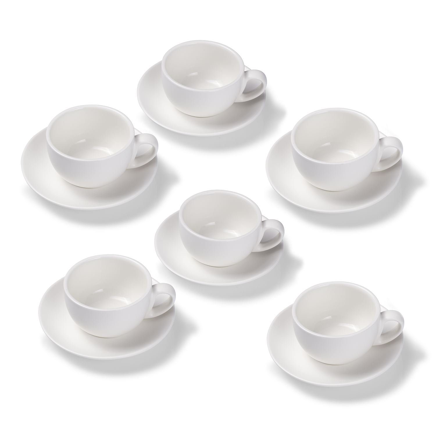Terra Home Tasse 6er Milchkaffeetassen-Set, Weiß matt 350 ml mit Untertasse, Porzellan, spülmaschinenfest,extra dickwandig