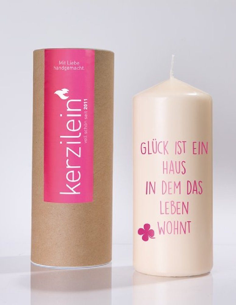 kerzilein Stumpenkerze "Glück ist ein Haus, in dem das Leben wohnt" - Flamme weiß/pink, 100 Stunden Brenndauer