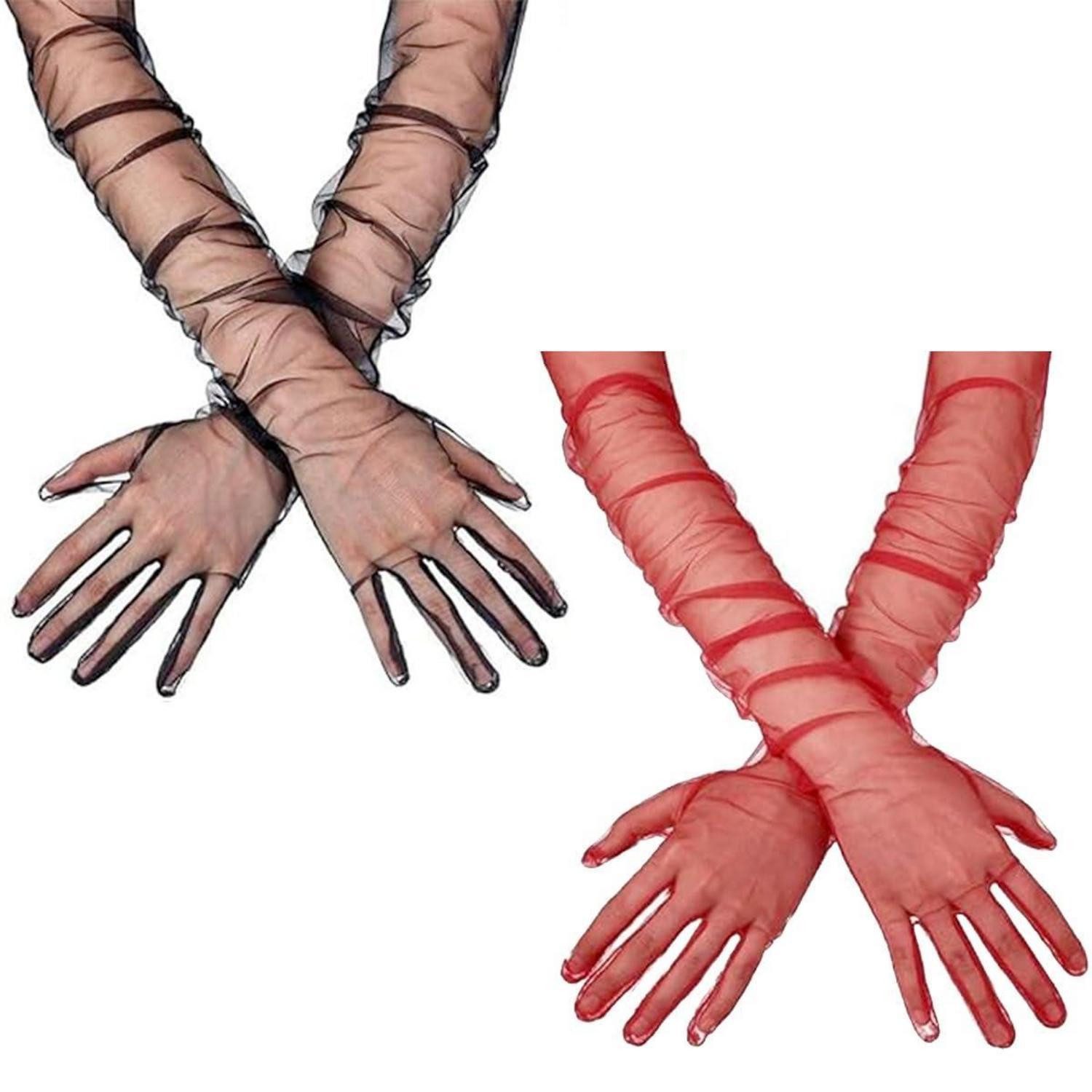 LuxusKollektion Armstulpen Damen Handschuhe Tüll lang 70cm Vintage Schwarz/Burgund (2-St)