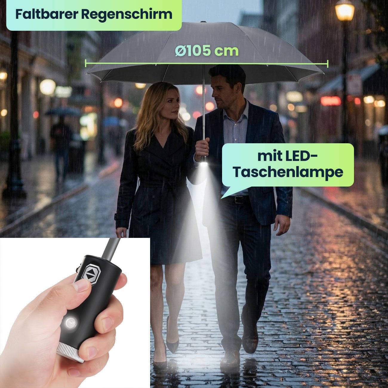 shop'n smile ideoon Taschenregenschirm Faltbarer Regenschirm LED-Taschenlampe Taschenschirm Anthrazit Ø105cm, Auf-Zu-Automatik/Stoff mit UPF 50+/inkl. Handschlaufe