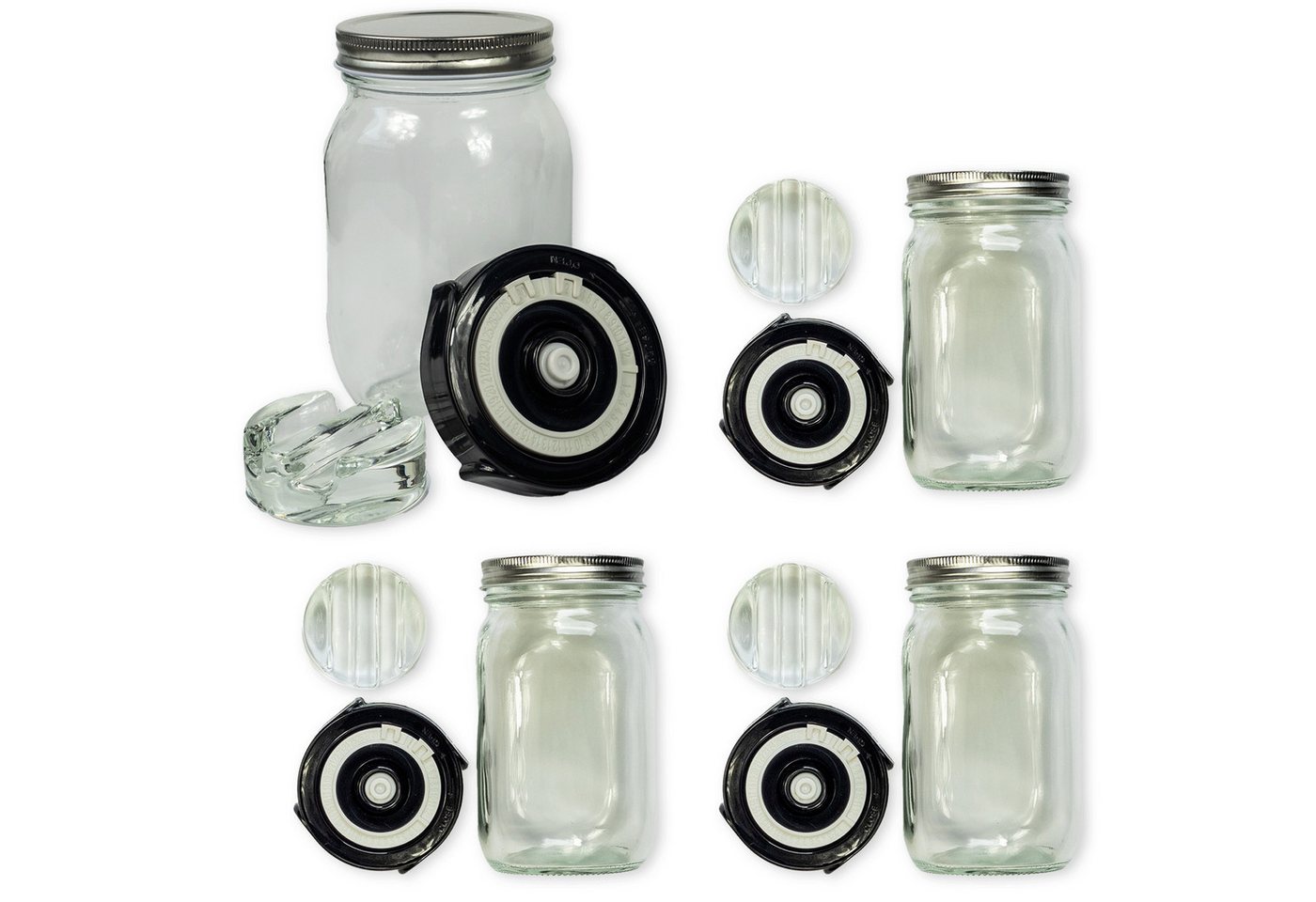 Blubberglas Fermentationsglas Erweiterungskit Zuhause Sauerkraut, Gurken, Kimchi fermentieren, (4x Glas, 4x Fermentationsdeckel, 4x Glasgewicht, 4x Schraubdeckel), Assembled in Germany
