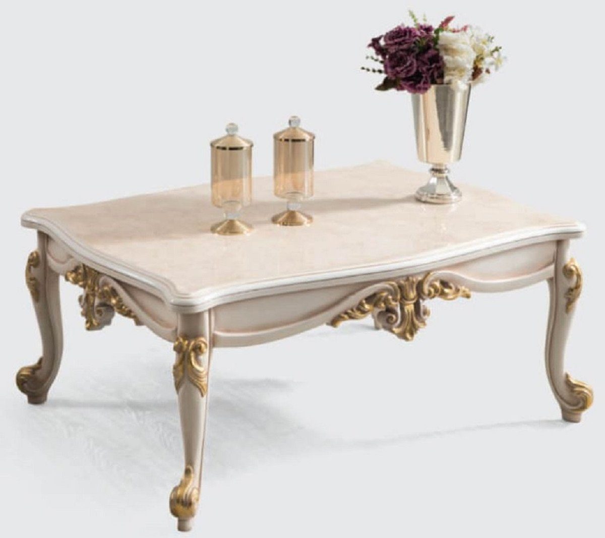 Casa Padrino Couchtisch Luxus Barock Couchtisch Beige / Weiß / Gold - Edler Massivholz Wohnzimmertisch im Barockstil - Barock Möbel