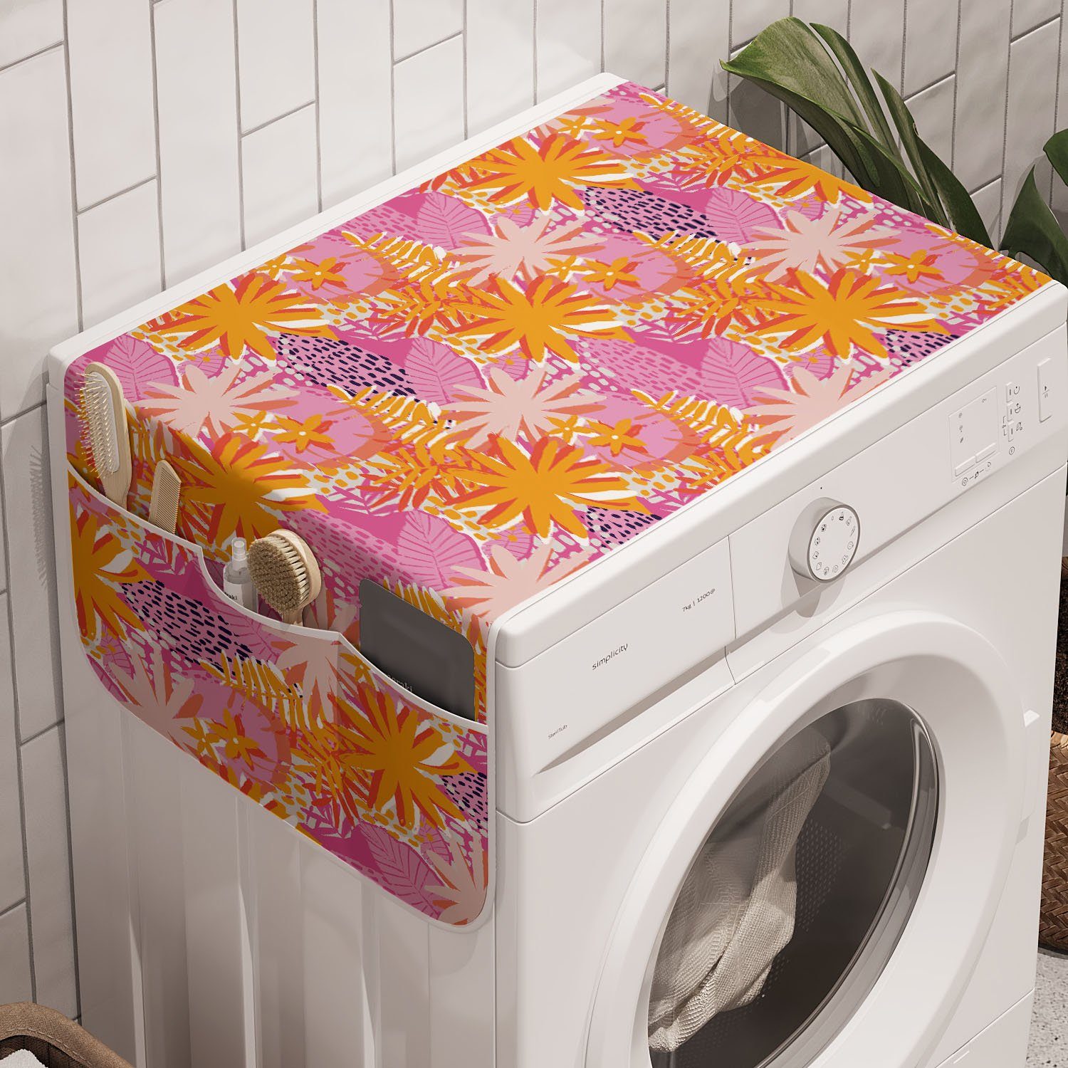 Abakuhaus Badorganizer Anti-Rutsch-Stoffabdeckung für Waschmaschine und Trockner, Tropisch Exotische Blätter und Blüten