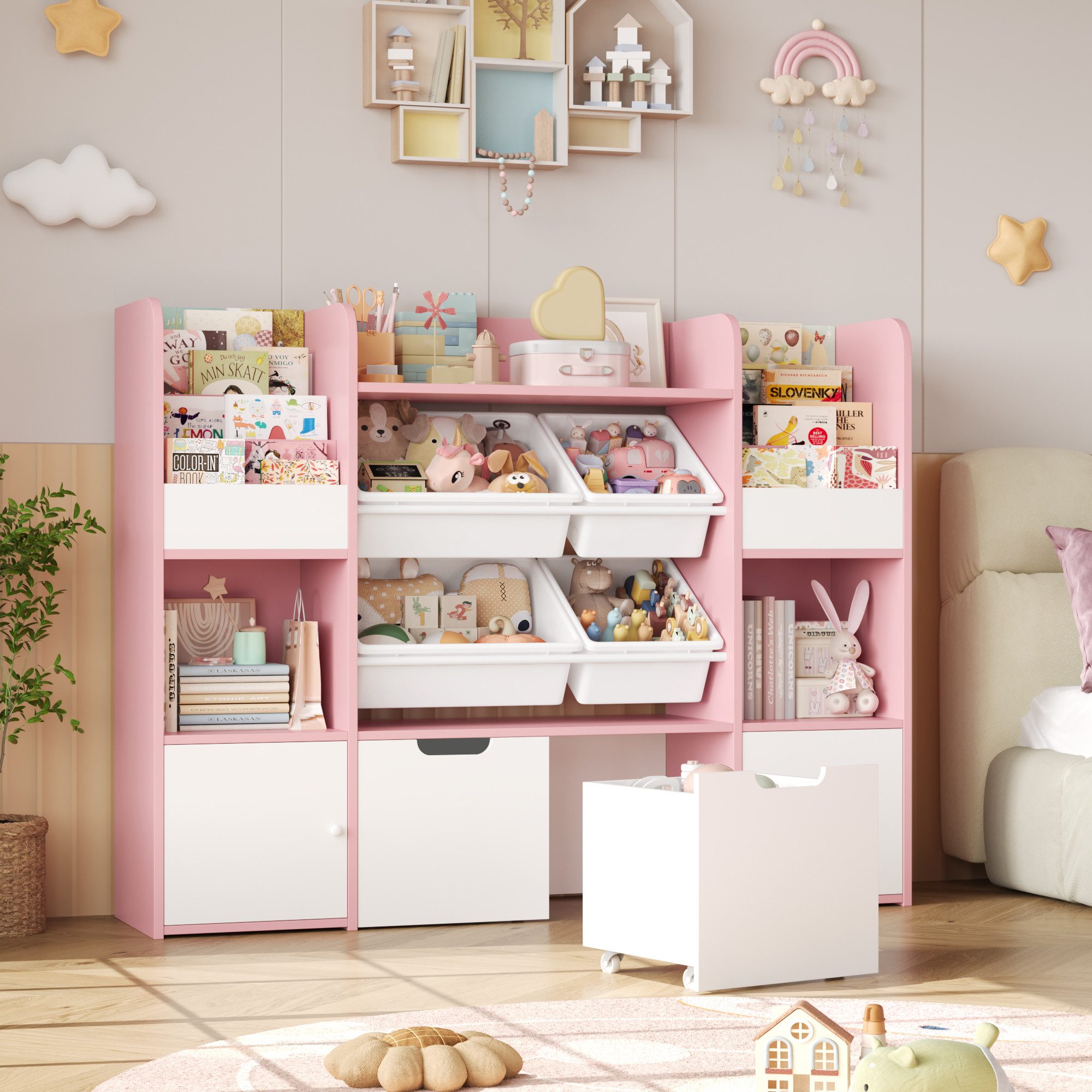 Homfa Spielzeugtruhe Kinderregal mit 2 Schubladen auf Rollen & 4 Boxen Bücherregal, Kinderbücherregal Spiegelregal mit Tür 122x100x30 cm weiß und rosa – Bild 5 von 5