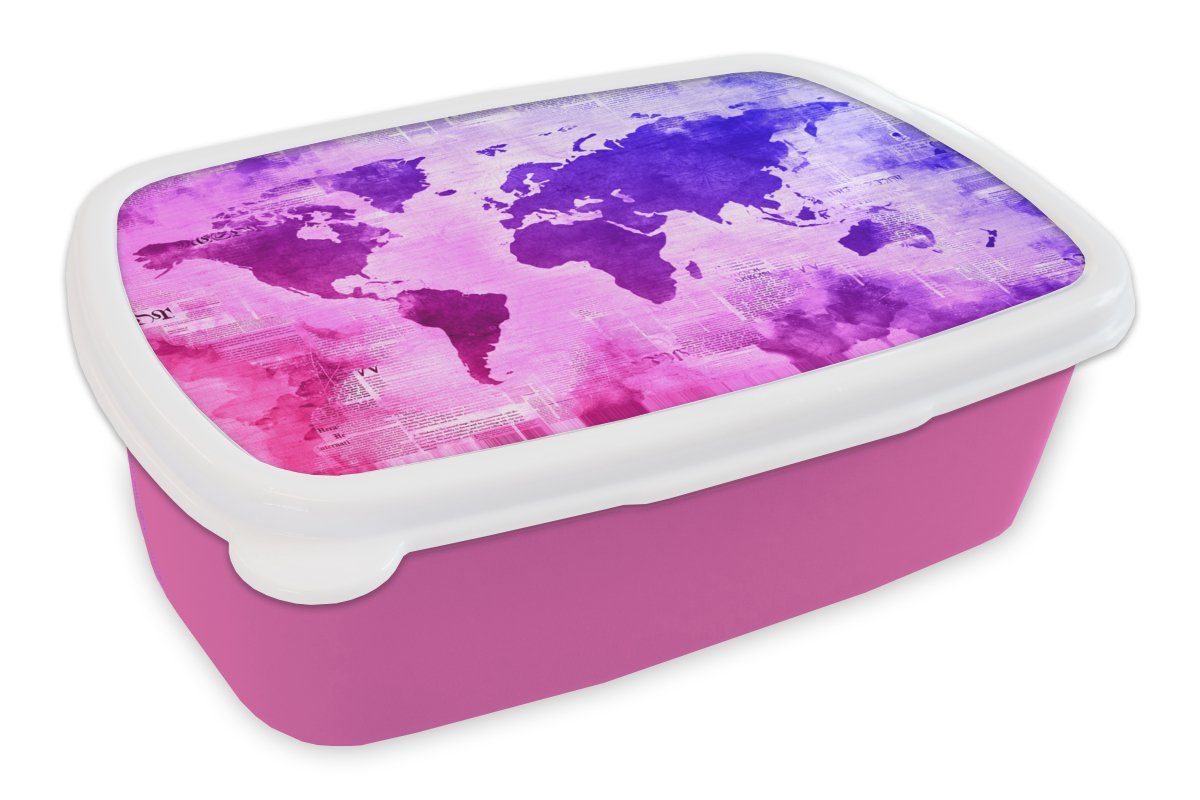 Weltkarte Brotbox Lunchbox Kunststoff, Blau, für Kunststoff Rosa Erwachsene, - MuchoWow Kinder, Mädchen, Snackbox, - Brotdose (2-tlg),
