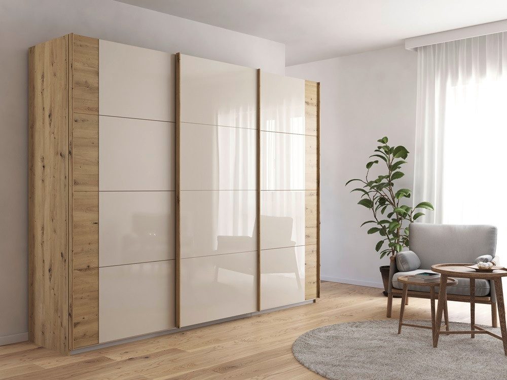Rauch Möbel Kleiderschrank Schwebetürenschrank Artemis mit Glastüren Eiche Artisan / champagner