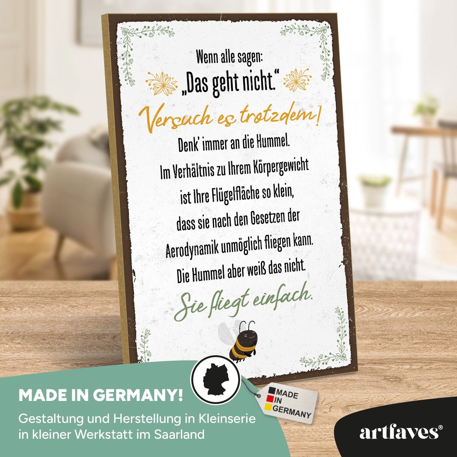 ARTFAVES Holzbild Schild mit Spruch - Hummel fliegt einfach - Glücklichsein, Motivation