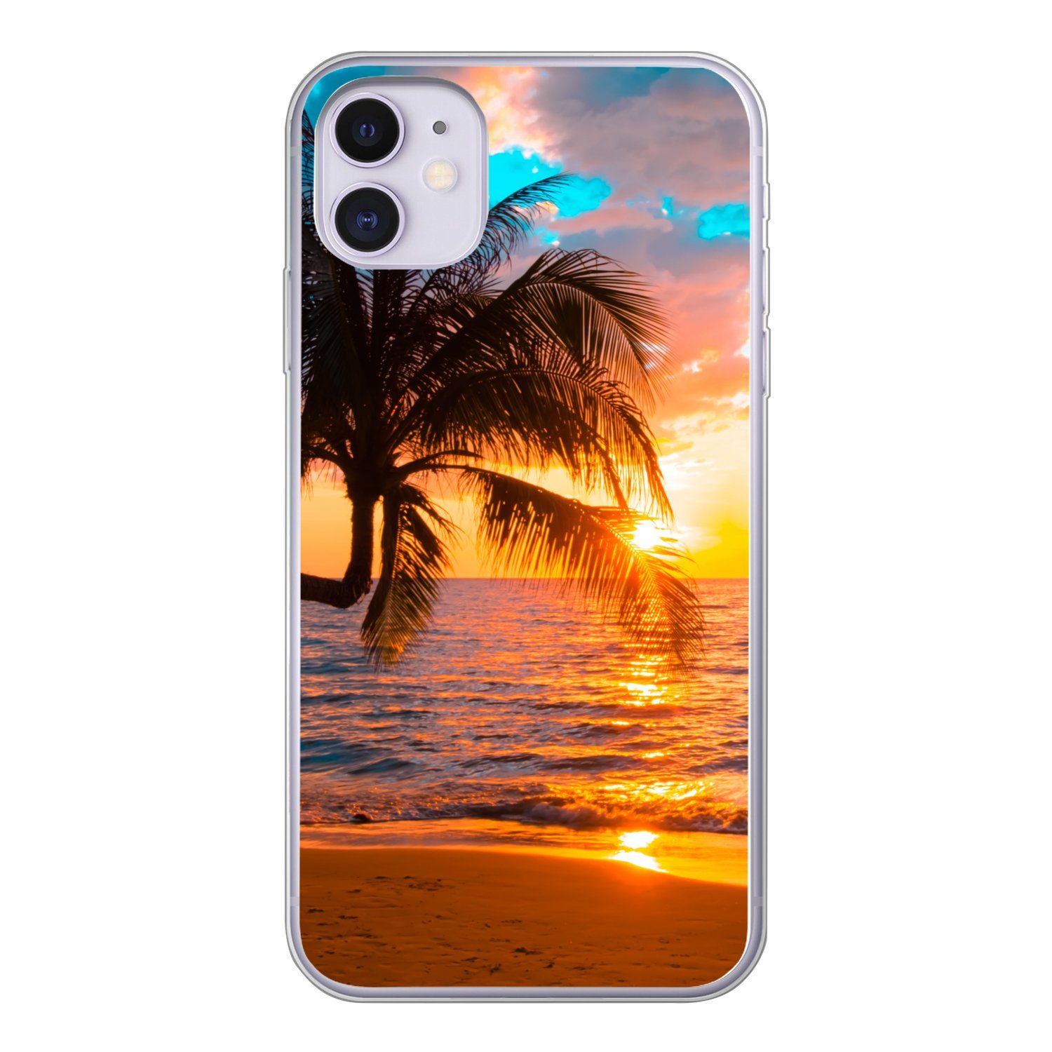 MuchoWow Handyhülle für Apple iPhone 11 Palme - Sonnenuntergang - Horizont - Strand - Meer, Smartphone-Bumper, Print, Handy Schutzhülle Dünn