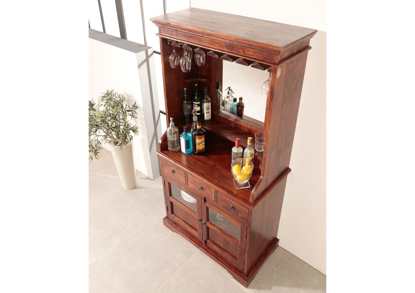 Massivmoebel24 Barschrank OXFORD (Bar Akazie 97x52x193 nougat lackiert OXFORD #443) Bar Akazie 97x52x193 nougat lackiert OXFORD #443