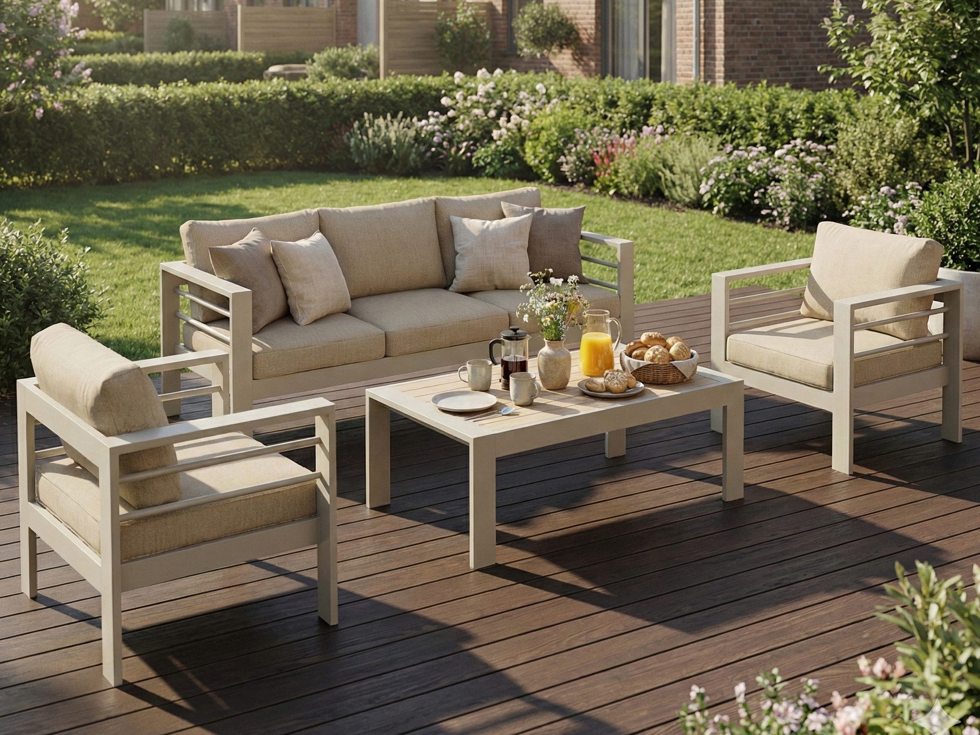 MeXo Gartenlounge-Set XXL Gartenmöbel Set Aluminium Outdoor, (Set, 4-tlg., 1×3-Sitzer Sofa, 2×Sessel, 1×Tisch, 10×Auflagen), wetterfest Sitzgruppe Essgruppe Gartengarnitur für 4-5 Personen, Beige