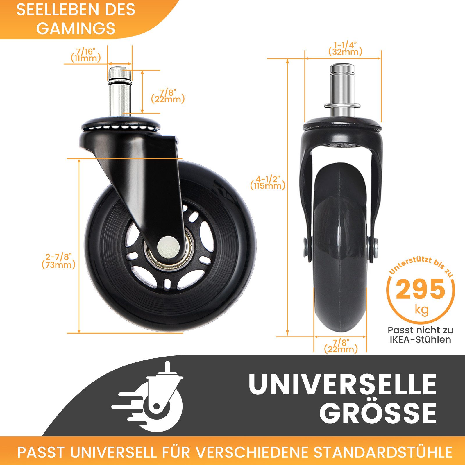 Ferghana Stuhlrolle Bürostuhl Rollen,11mm x 22mm Rollen für Bürostühle, (Set, 5er Set), 5er Set Universal Hartbodenrollen für Bürostuhl Stuhlrollen