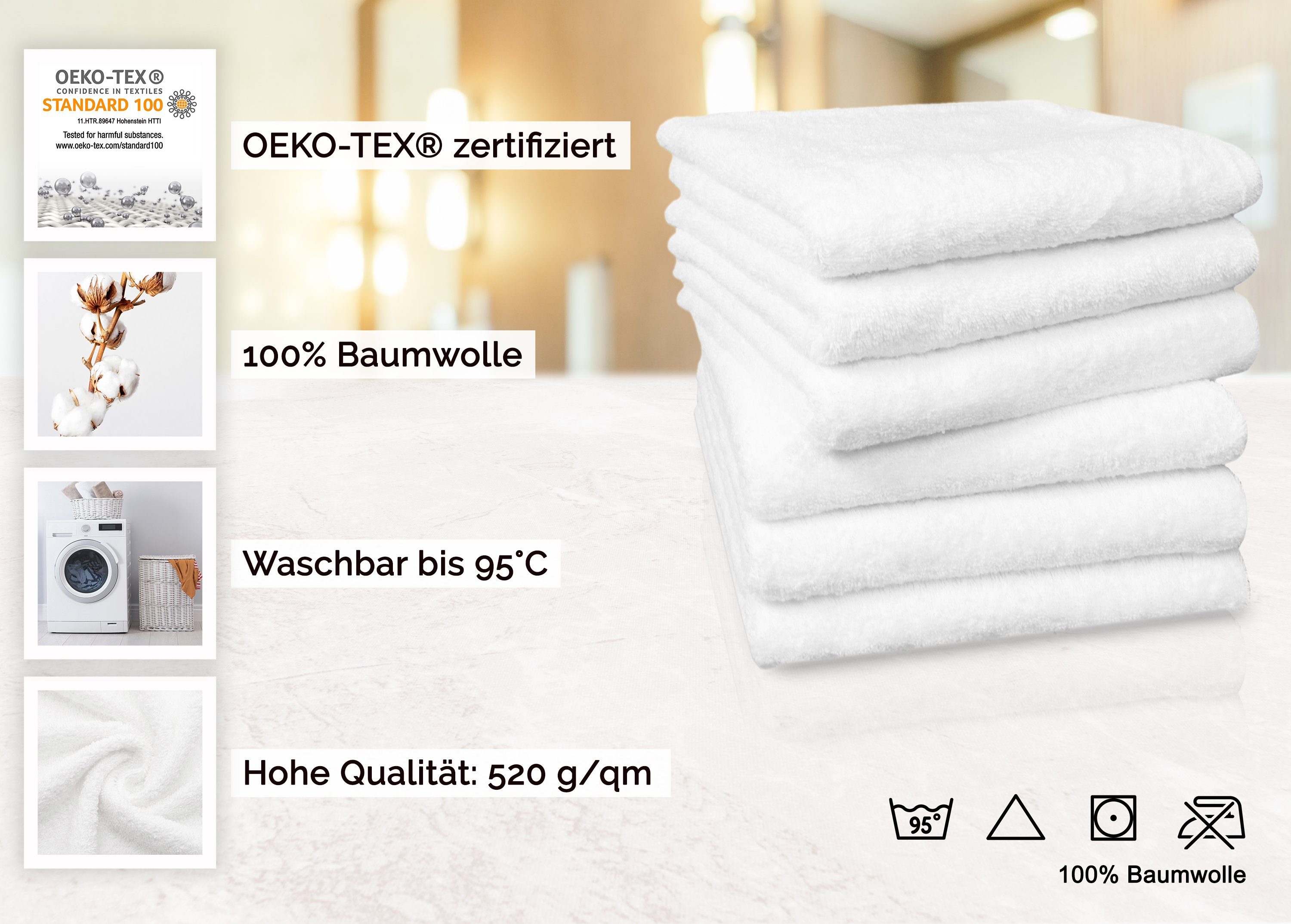 100% ZOLLNER Walkfrottier x cm, Baumwolle, vom 95 bis °C Hotelwäschespezialisten, weiß Handtücher, 50 (6-St), 100
