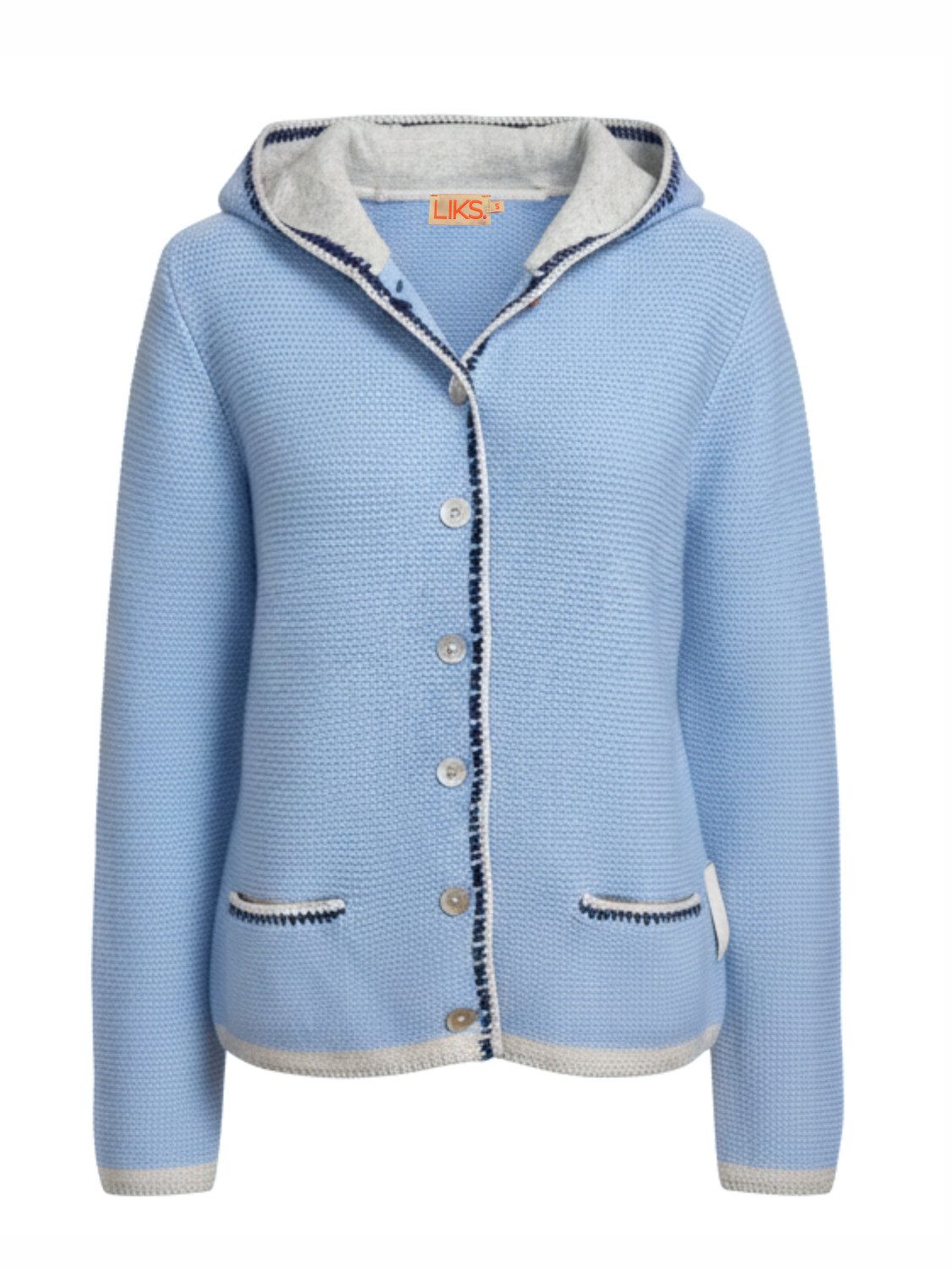 LIKS. Munich Trachtenstrickjacke TeresaC mit Kapuze, Knopfleiste & Herzblumenstickerei