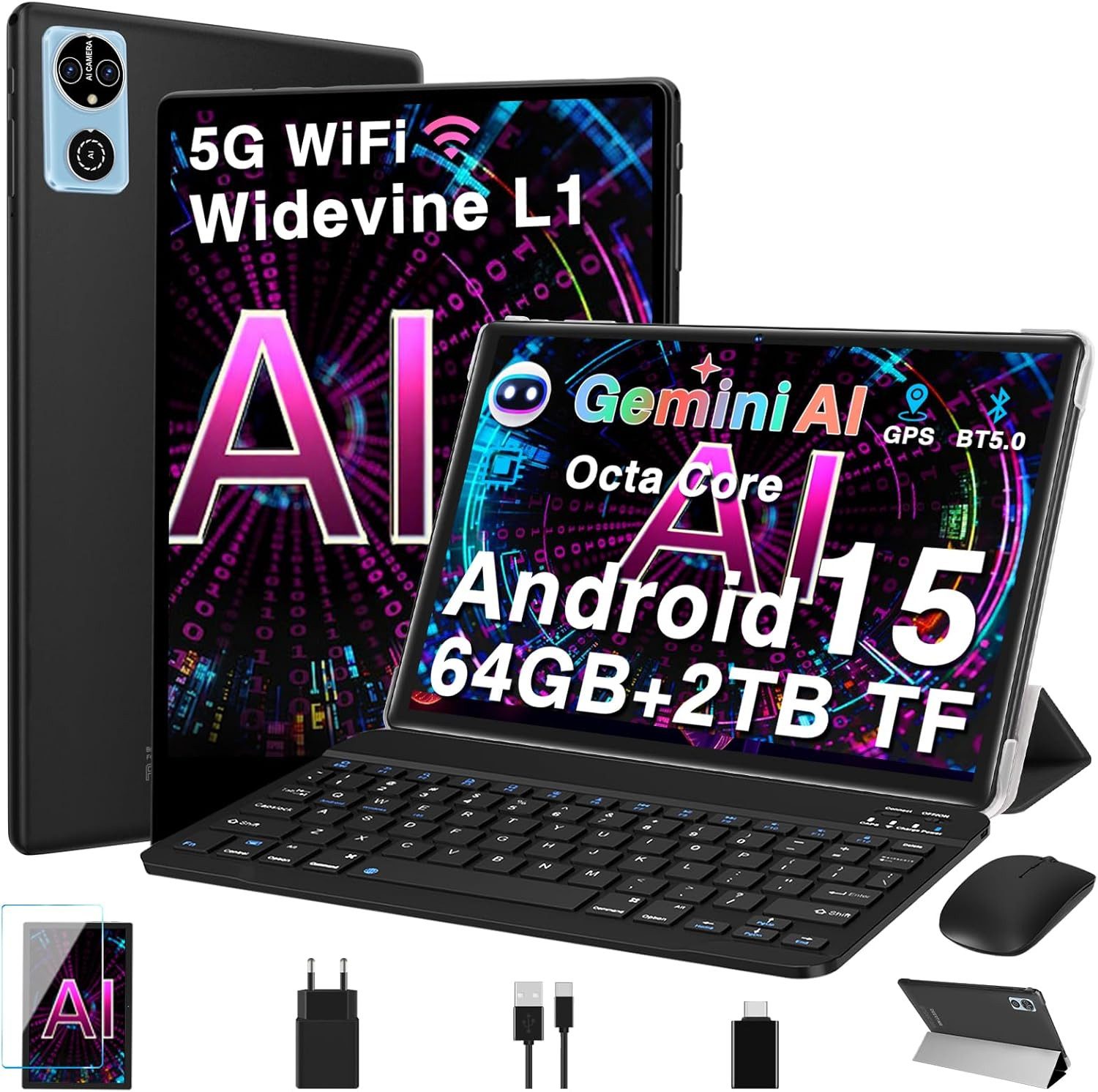 DEERTiME E15 Android 15 Tablet 30GB RAM 64GB Speicher/erweiterbar auf bis 2TB Tablet (10,1", 64 GB, Android 15, 6000mAh, Gemini AI, 5G WiFi, Widevine L1, mit Tastatur/Maus)