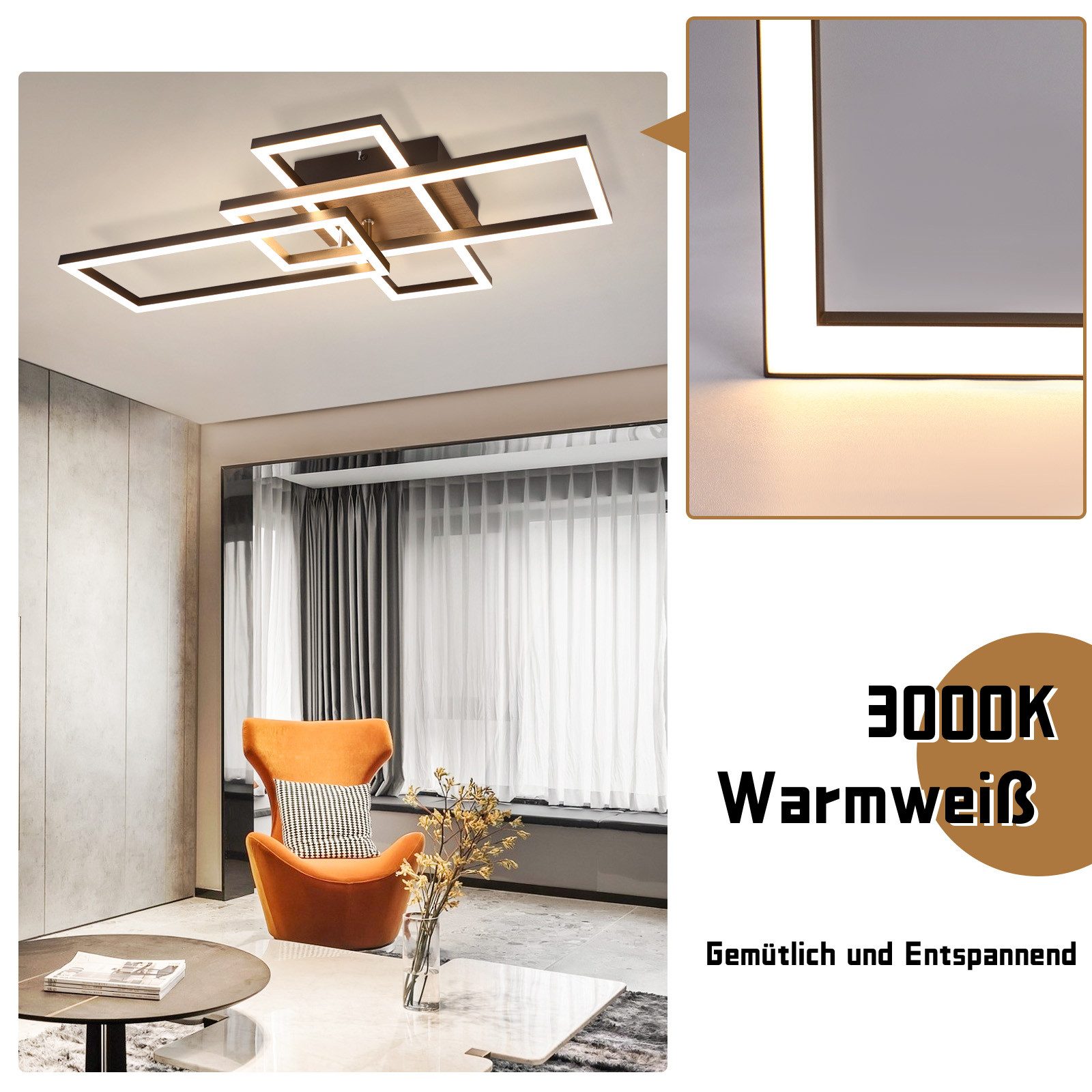 Nettlife LED Deckenleuchte Holz Schwarz 32W 3000K Wohnzimmerlampe Warmweiß Modern, Schwenkbar, LED fest integriert, Warmweiß, für Schlafzimmer Büro Küche Esszimmer