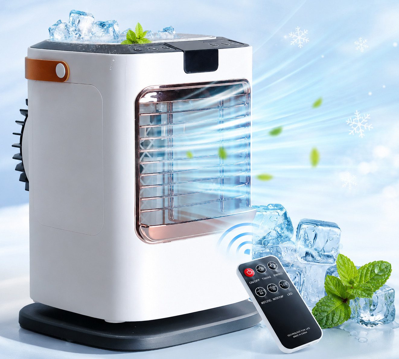 MOPUEA Ventilatorkombigerät Tragbarer Luftkühler 6 Stufen 7 Farben LED 120° Oszillation, Timerfunktion 1300ml Tank Fernbedienung USB Für Büro Schlafzimmer