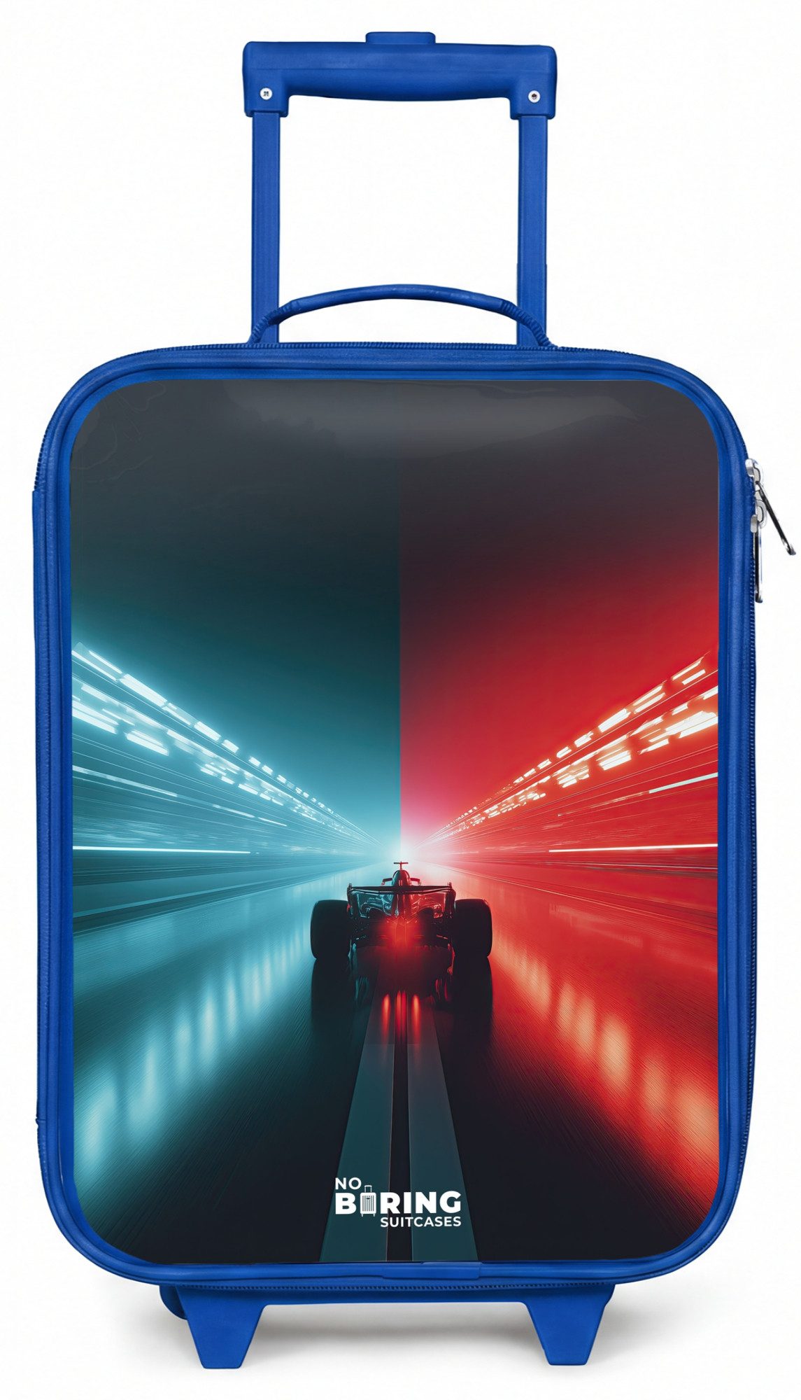 NoBoringSuitcases.com© Kinderkoffer Blau - mit leuchtende Räder - Rennstrecke - Rennwagen - Neon - Rot, 2 Rollen, Handgepäck Koffer, Trolley Kinder, Reisekoffer Jungen