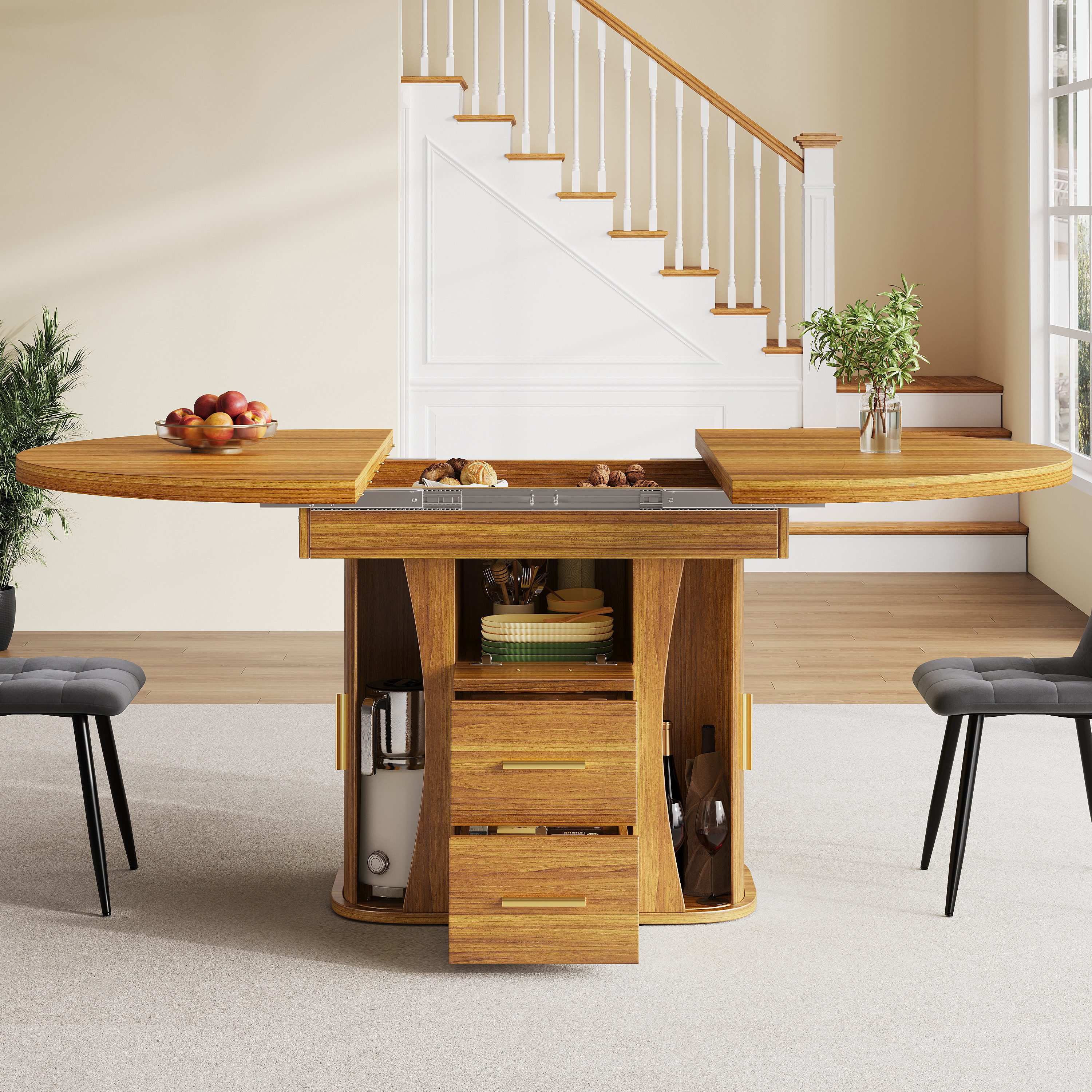 MODFU Esstisch Ausziehtisch (Ausziehbarer Multifunktions-Tisch mit Stauraum, 1-St., 118-158*118*77cm)