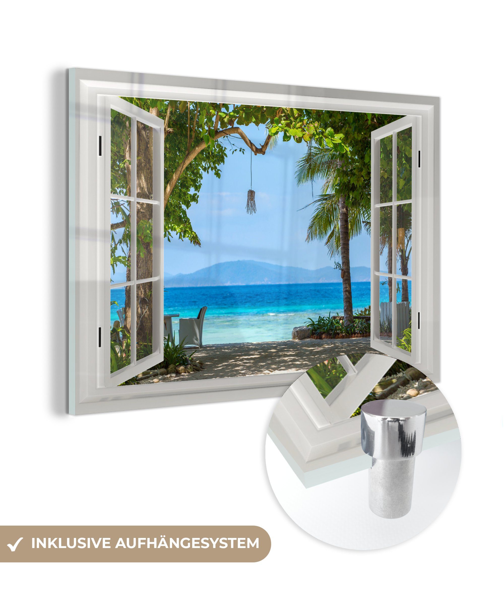 MuchoWow Acrylglasbild Aussicht - Baum - Meer - Palme - Hügel - Strand - Blau, (1 St), Glasbilder - Bilder auf Glas Wandbild - Foto auf Glas - Wanddekoration bunt
