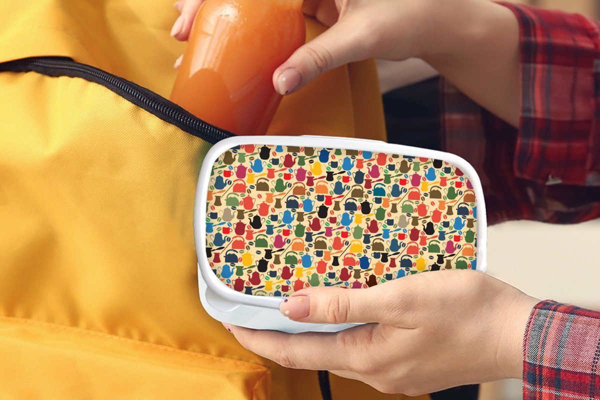 MuchoWow Lunchbox Muster - weiß - Jungs Kaffee (2-tlg), für Brotbox - Kunststoff, Brotdose, Teekanne Mädchen Retro, für und Kinder Erwachsene, und