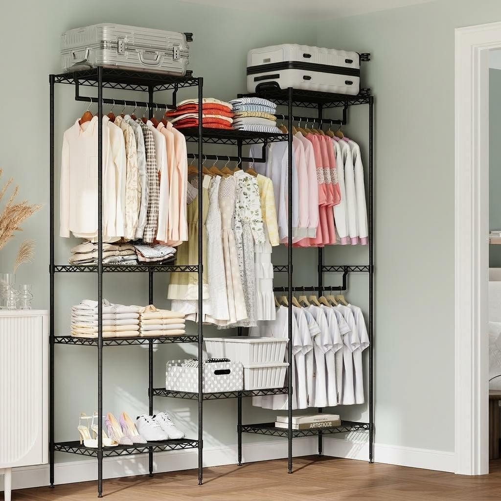 GarveeMore Kleiderständer aus Eisen mit 6 Ablageflächen, 4 Kleiderstangen, 175x40x195 cm, festes Design, pulverbeschichtet, für Schlafzimmer & Ankleidezimmer