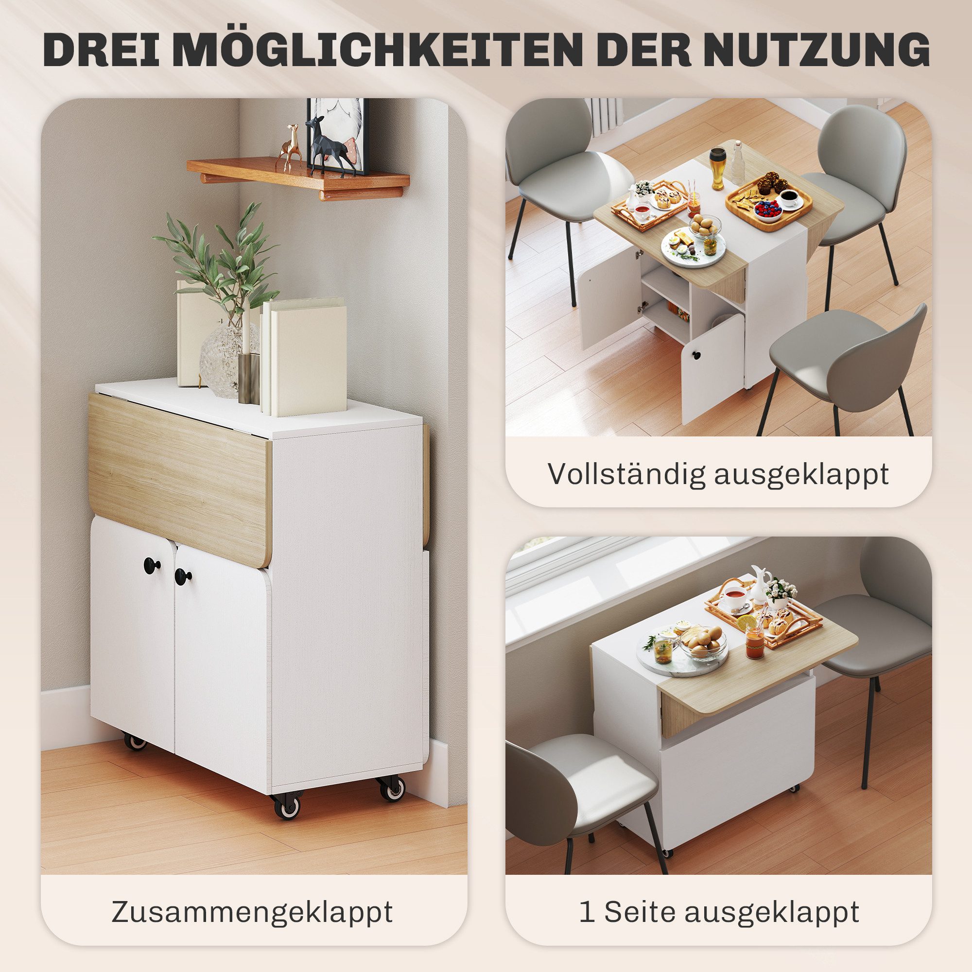 HOMCOM Esstisch Klappbarer Klapptisch mit Rolle, Stauraum, Esszimmertisch (mobiler Küchentisch, 1-St., Klapptisch für 2-4 Personen), für Kleine Räume, Esszimmer – Bild 4 von 5