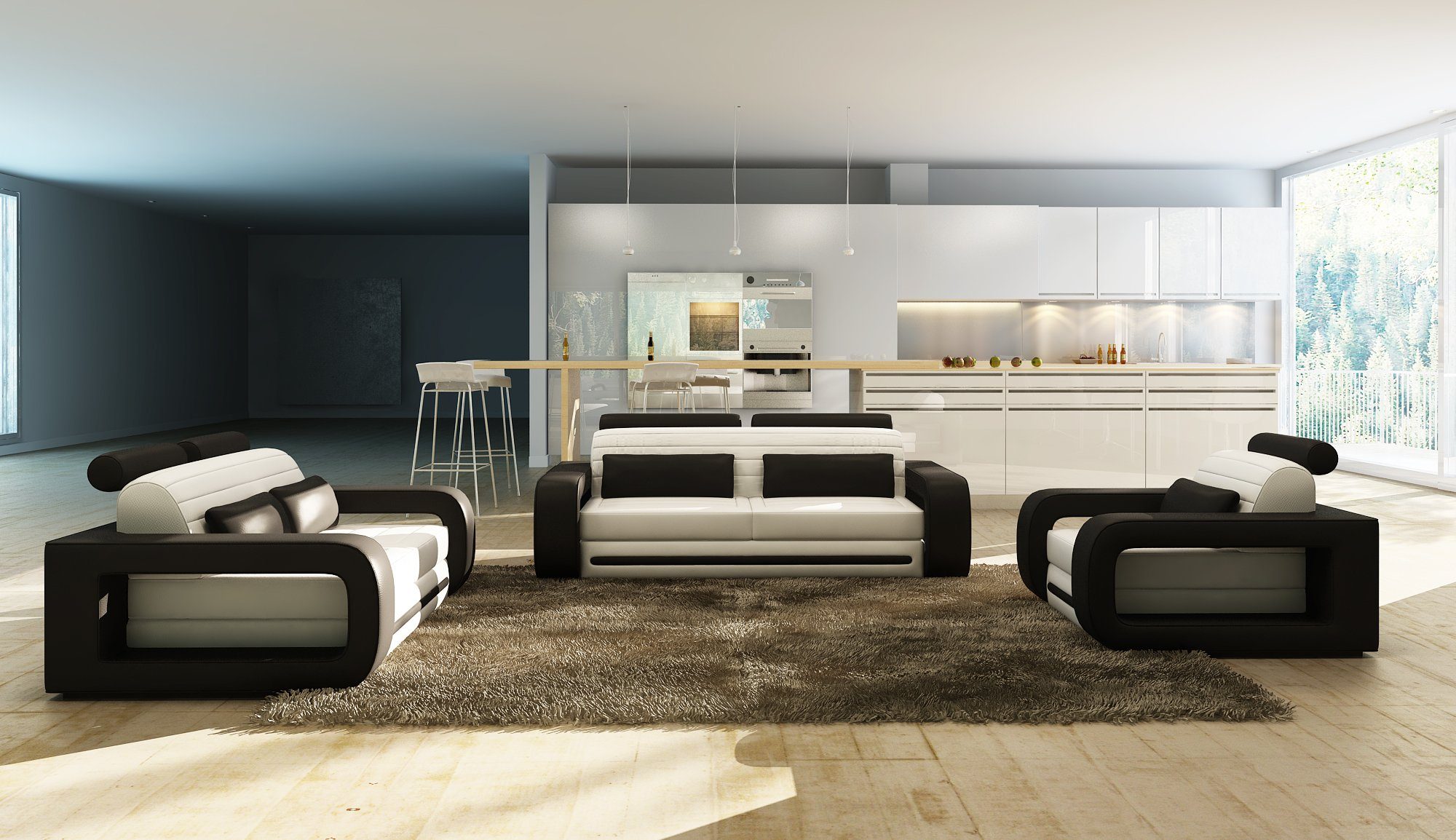 JVmoebel Sofa Weiß-schwarzes Ledersofa Couch 3 Sitzer Design Modern Neu, Made in Europe